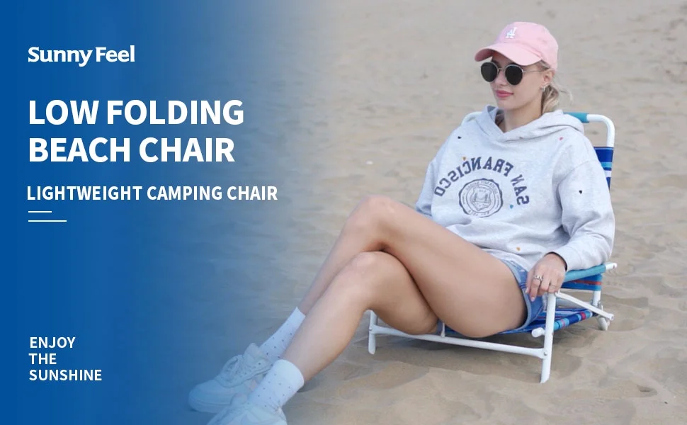 SunnyFeel Folding Beach Chair for Adults, ightweight Low Beach Chair with Armrest, High Back Beach Chairs Supports 300 lbs for Beach Lawn Concert(Blue Stripe)