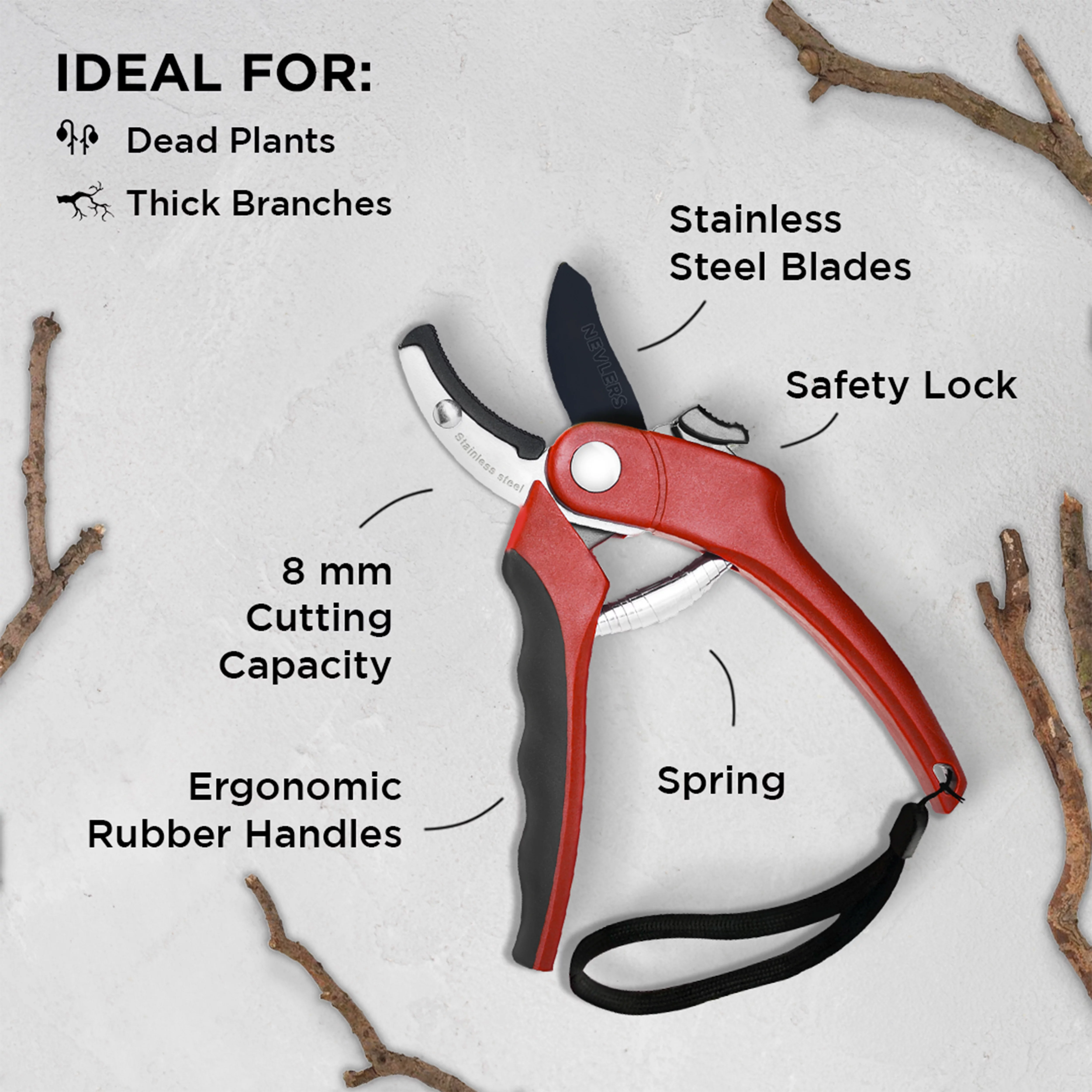 Nevlers 8 in. Red Heavy Duty Anvil Garden Pruning Shears