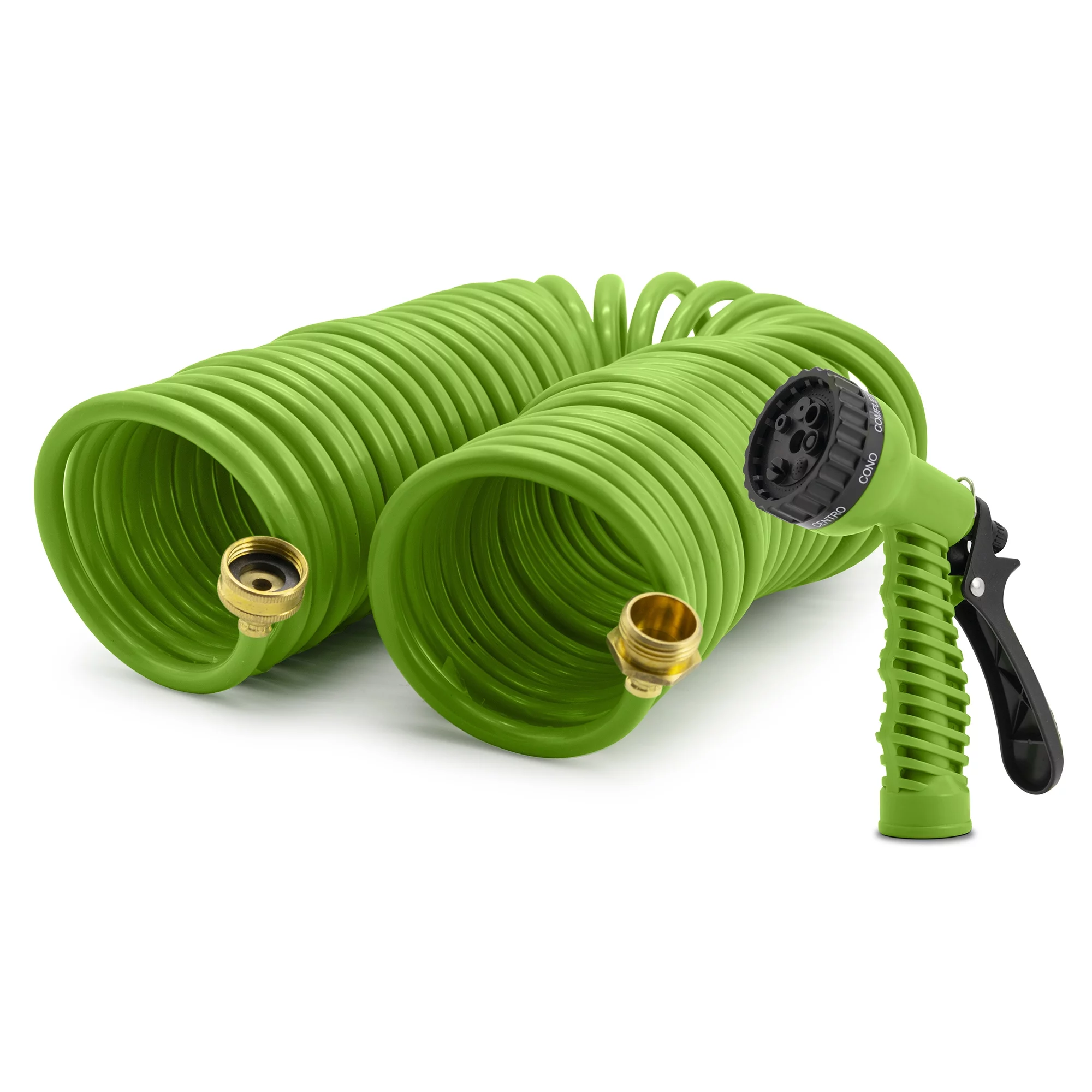 Eternal Living 50 ft Coil Garden Hose with 7-Pattern Function Sprayer and Brass Connectors, Green