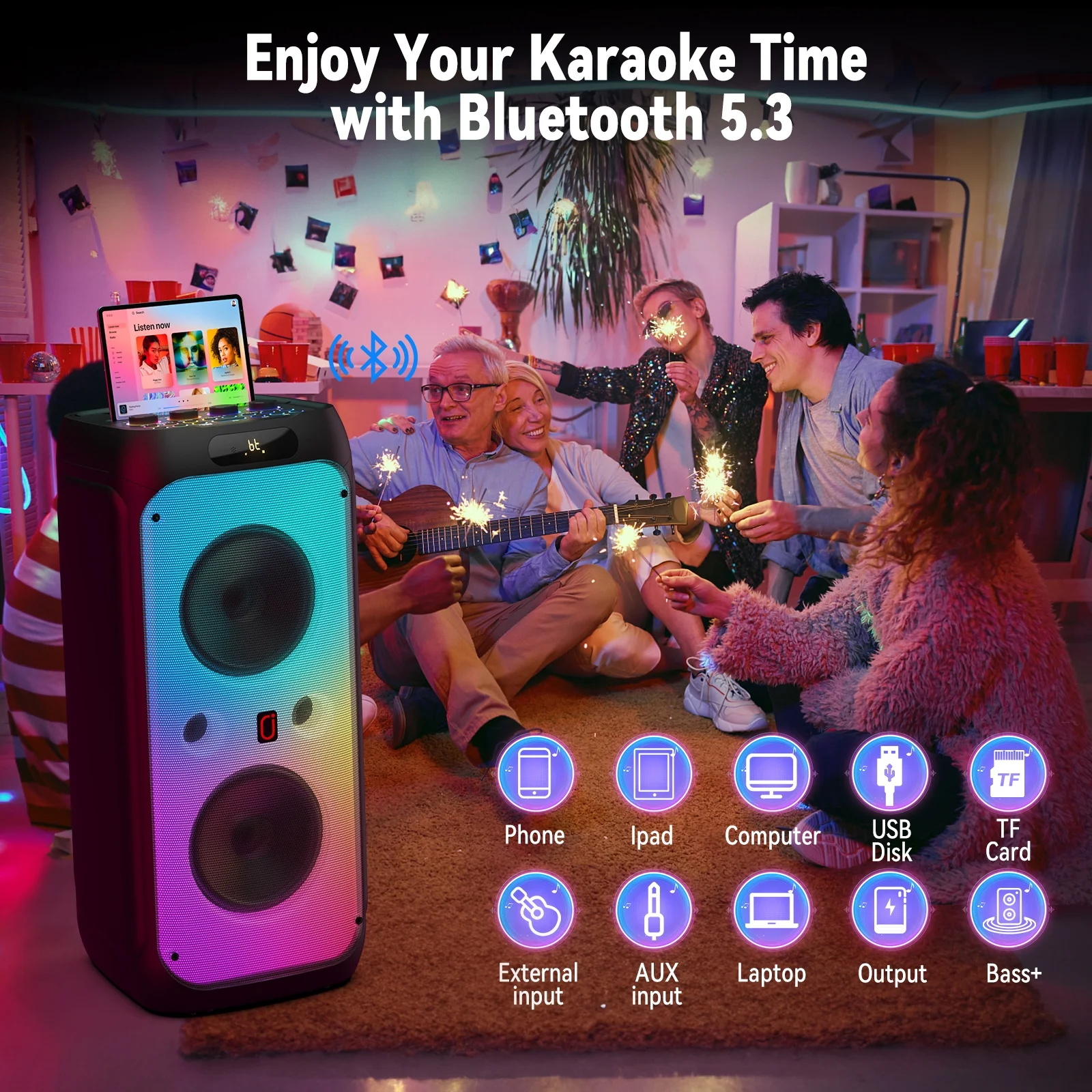 JYX Large Karaoke Machine for Adult, 300W Multifunction Karaoke System with 2 Wireless Microphone, PA Speaker with LED Disco Light for Party