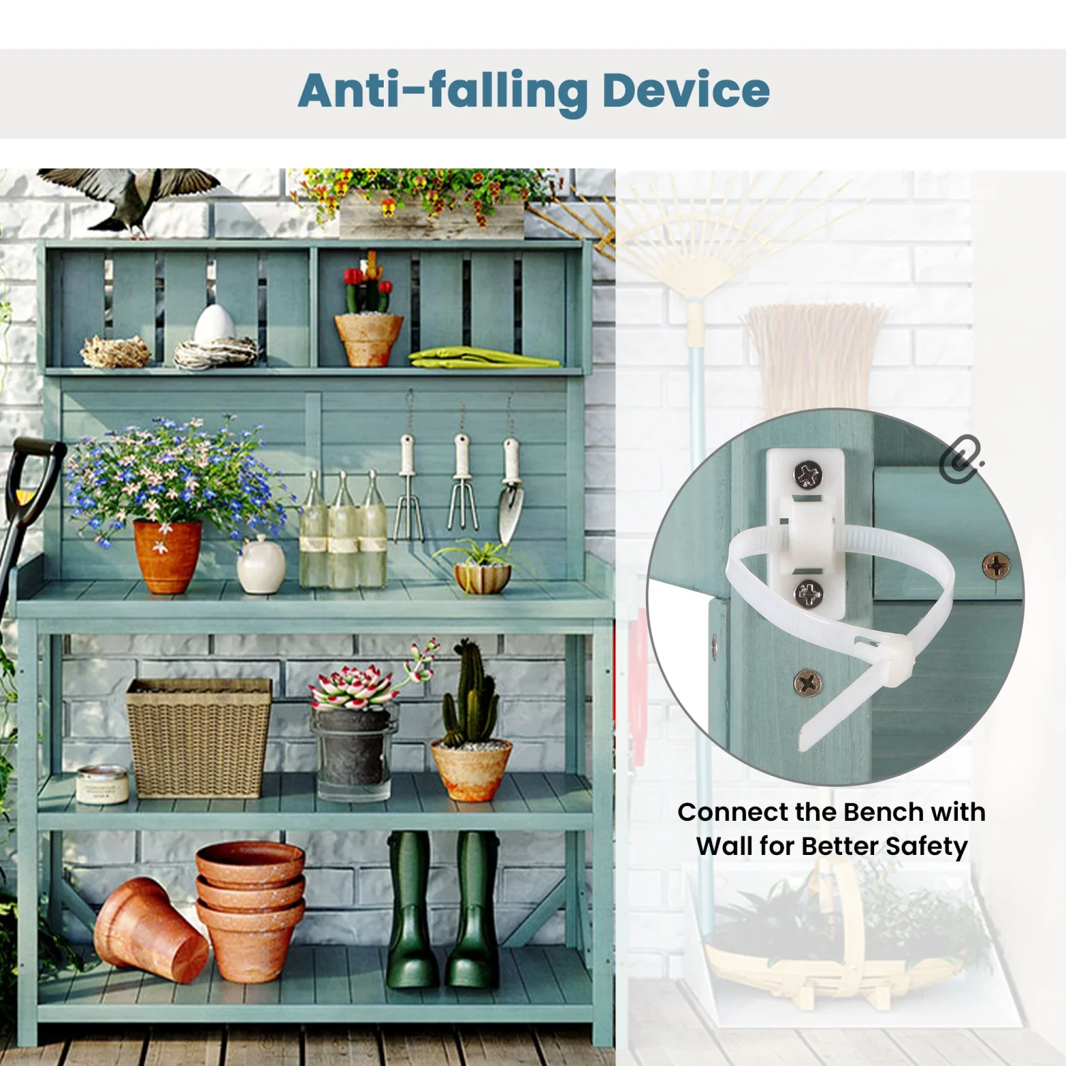 Large Green TOPMAX Rustic Outdoor Farmhouse Potting Bench Table with 4 Storage Shelves  65” Patio Workstation  and Side Hook - Perfect for Garden Enthusiasts