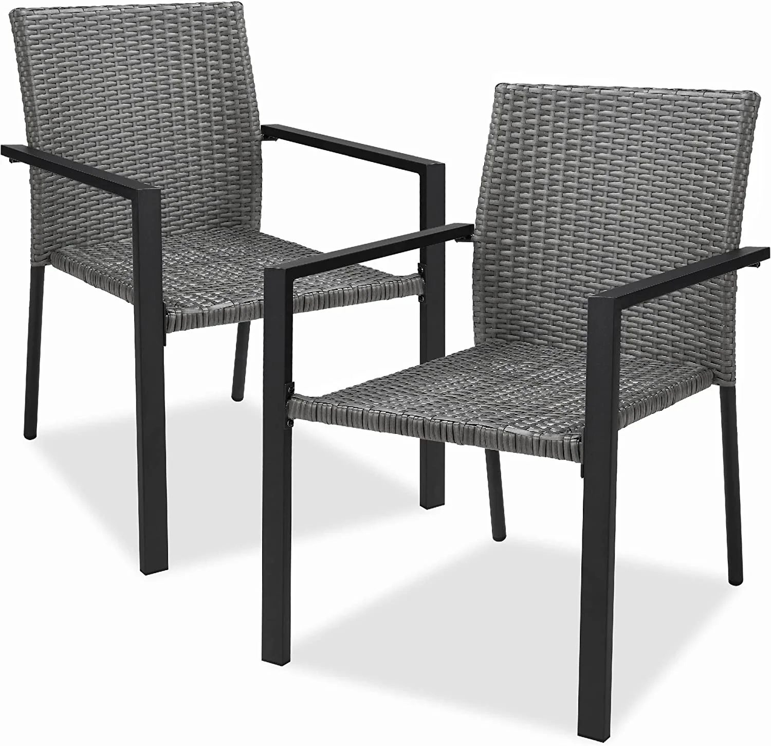 Set of 2 Stackable Outdoor Wicker Dining Chairs All-Weather Firepit Armchair w/Armrests, Steel Frame for Patio, Deck, Garden, Yard - Brown