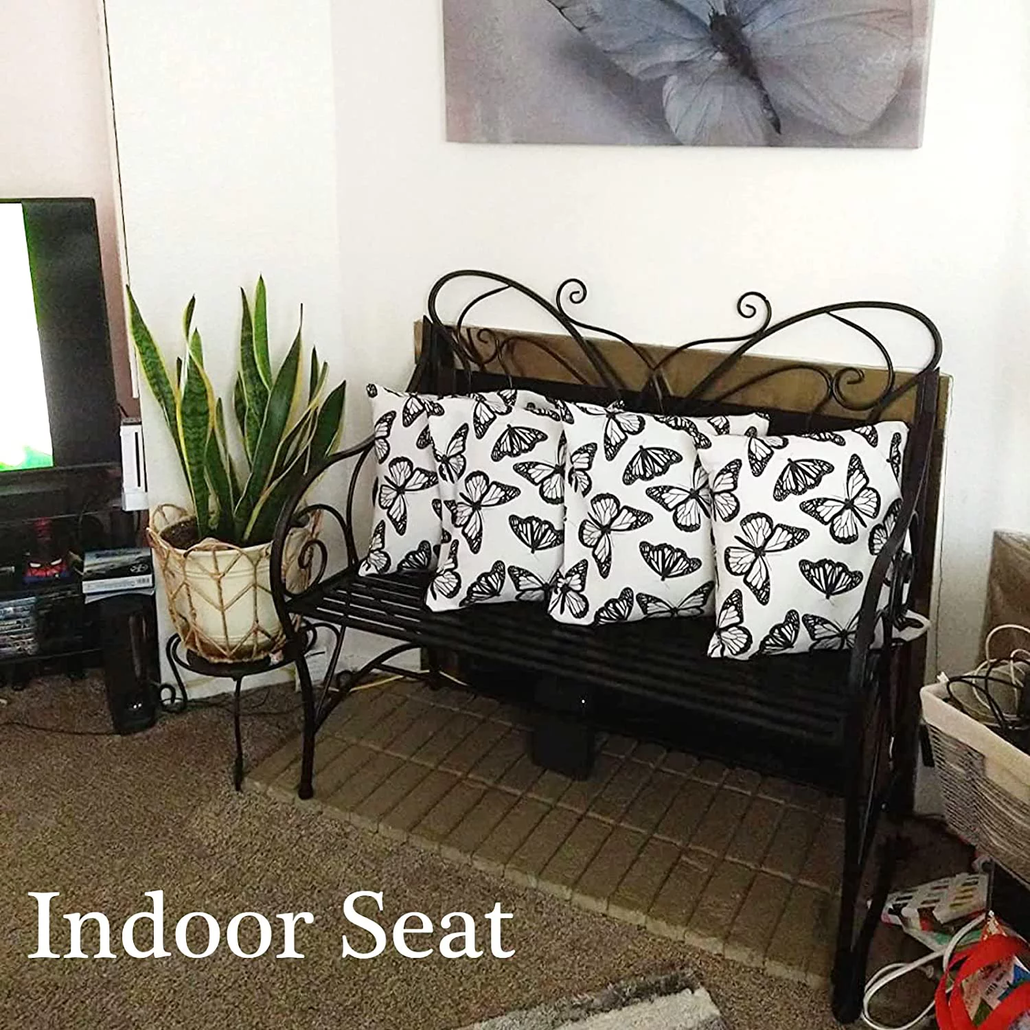 HLC Outdoor Bench Patio Outdoor Garden Bench Butterfly Cast Iron Metal with Armrests for Garden, Park,Yard, Patio, Porch, Lawn Double Seats Black