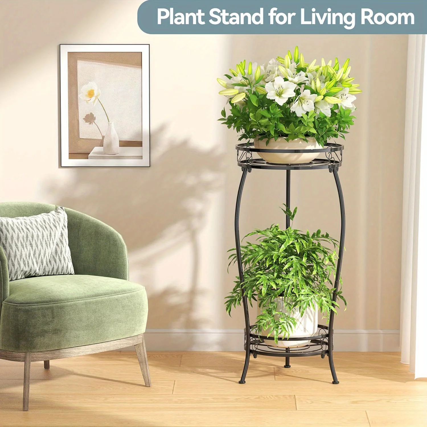 1 pack, Rustproof 2-Tier Metal Plant Stand for Indoor/Outdoor Use - Corner Flower Pot Planter Holder for Multiple Plants - Modern Display Rack for Patio and Garden