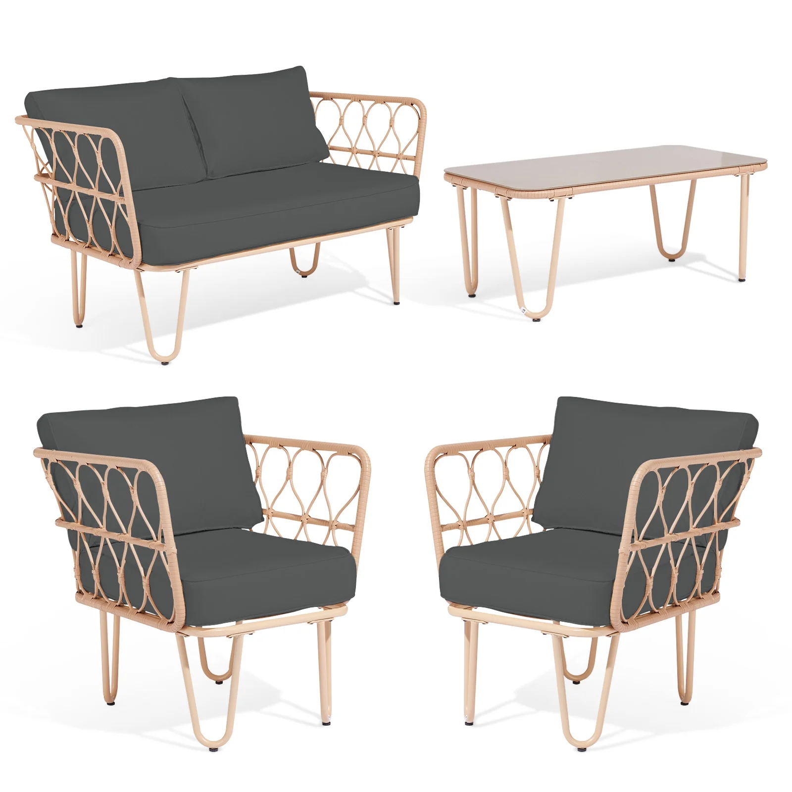 WangSiDun 4 Pieces Patio Furniture Set, Balcony Bistro Set Outdoor All Weather Rattan Conversation Set with Loveseat Chairs Table Cushions, Gray