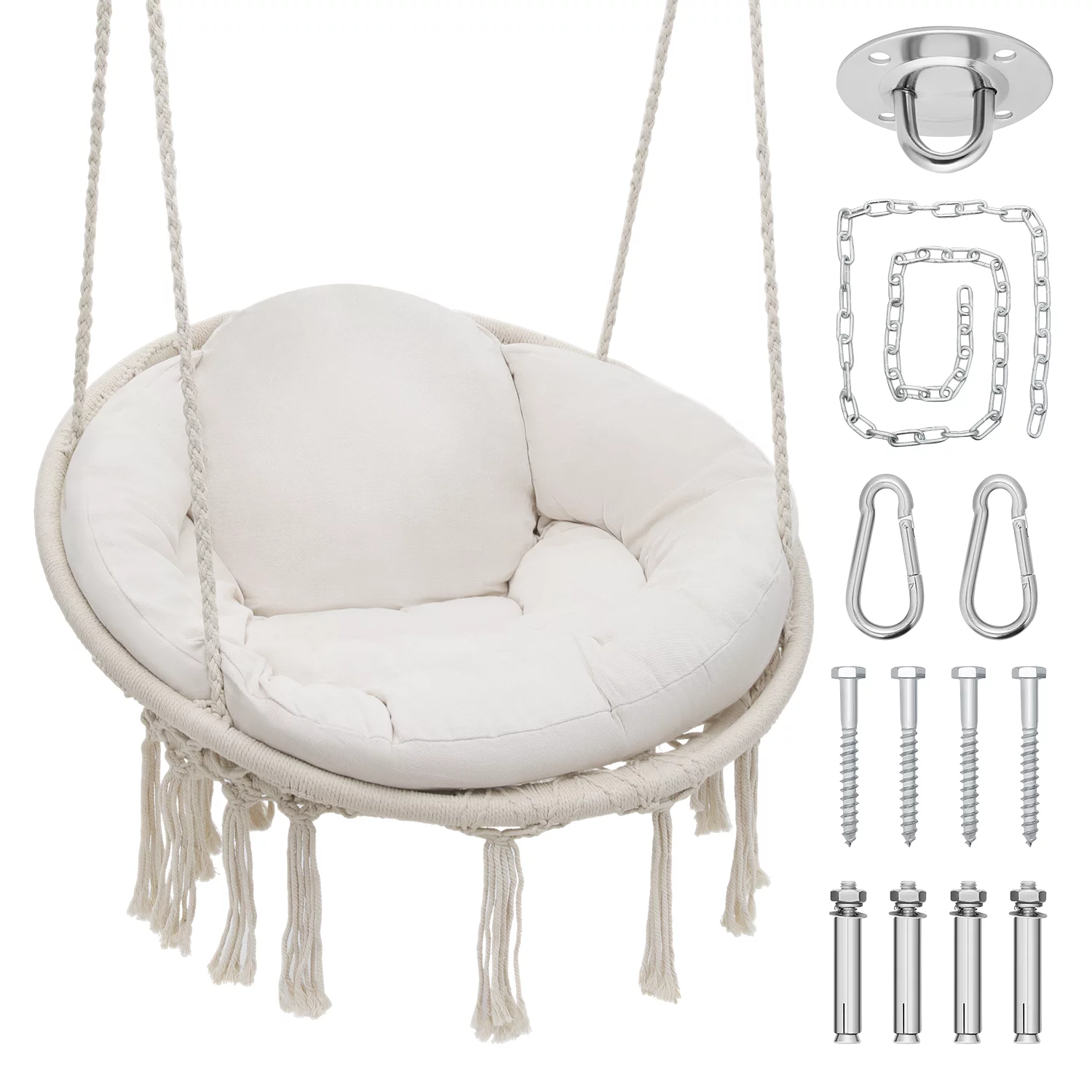 Magshion Hammock Chair Macrame Swing Chair with Cushion, 350lbs Weight Capacity, Hanging Chair Cotton Rope Hammock Chair Swing for Indoor and Outdoor Use, White