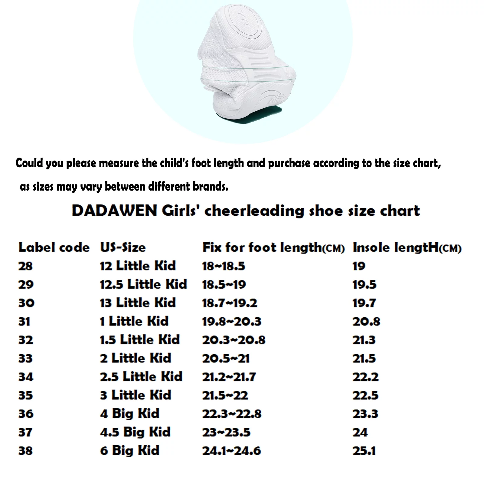 DADAWEN Girls Wihte Cheerleading Shoes Dance Fitness Training Athletic Cheer Sneakers for 13 Little Kid