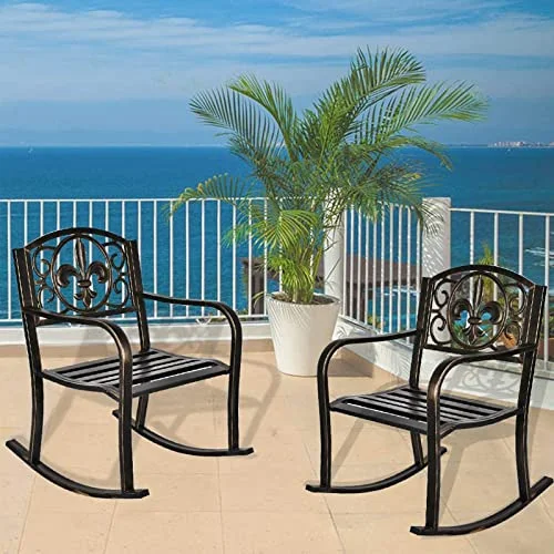 LEISU Patio Rocking Chair Indoor/Outdoor Waterproof Rust Resistant Metal Rocker with Deep Seating for Patio, Porch, Lawn, Deck (Black)