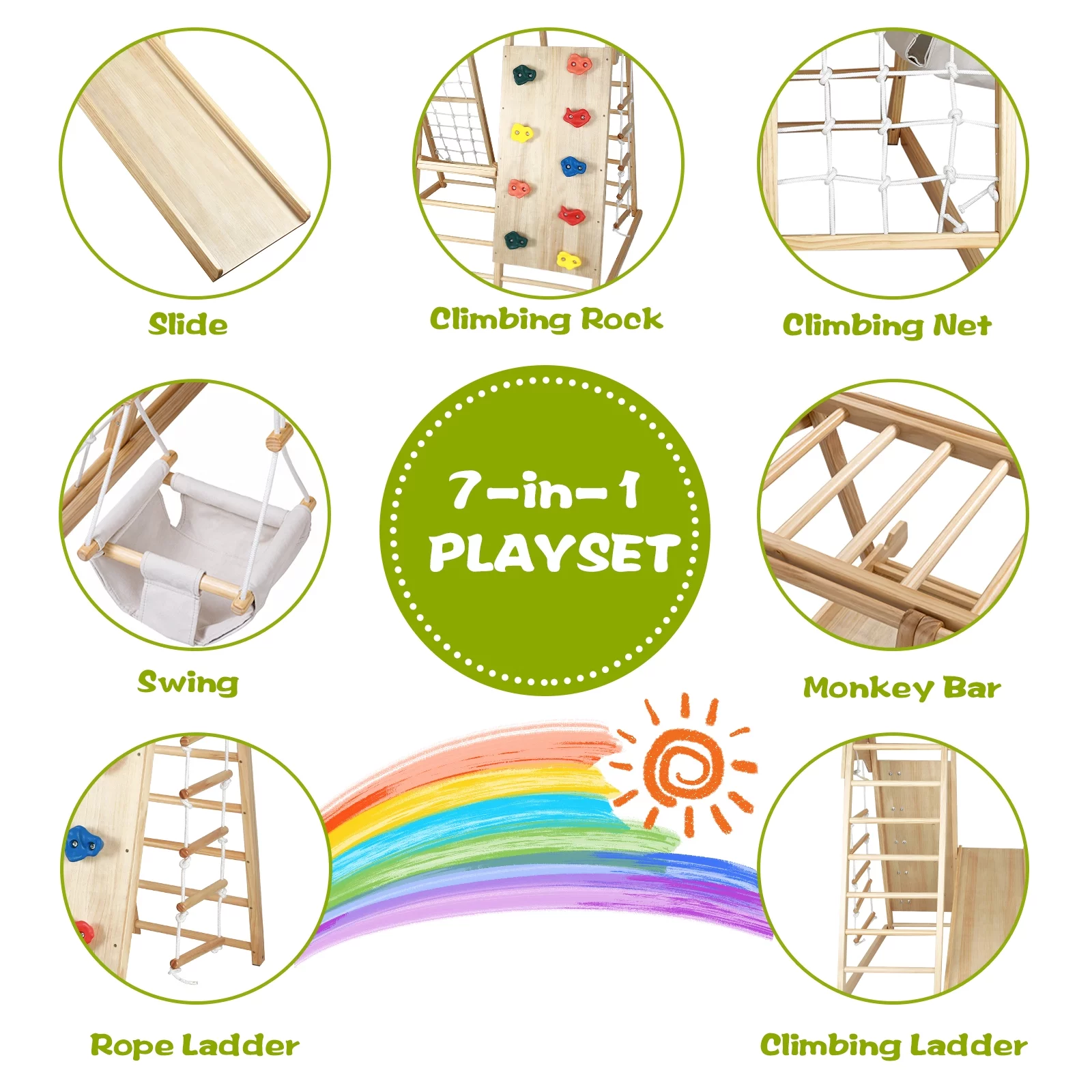 Fionafurn Indoor Outdoor 7-in-1 Kids Gym Playground Climbing Toys, with Swing, Slide, etc, Girls& Boys, Wooden, Natural