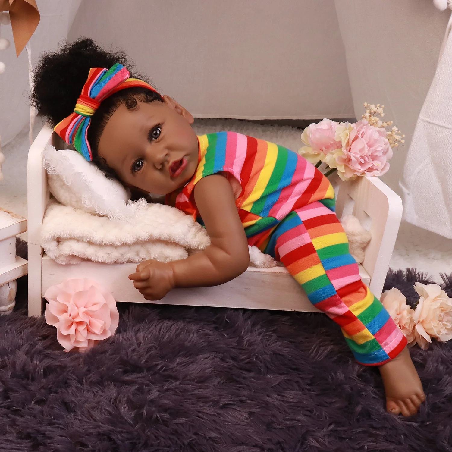 Takanini Newborn Baby Dolls African American Silicone Limbs Realistic Baby Doll with Soft Body Birthday Gift