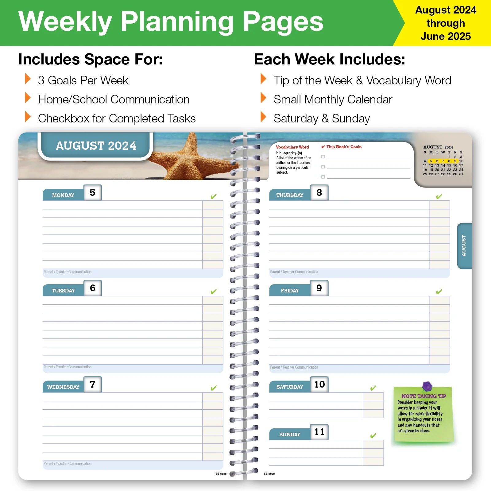Global Datebooks Dated Middle or High School Secondary Student Planner for Academic Year 2024-2025 Includes Ruler/Bookmark and Planning Stickers (Block Style - 5.5