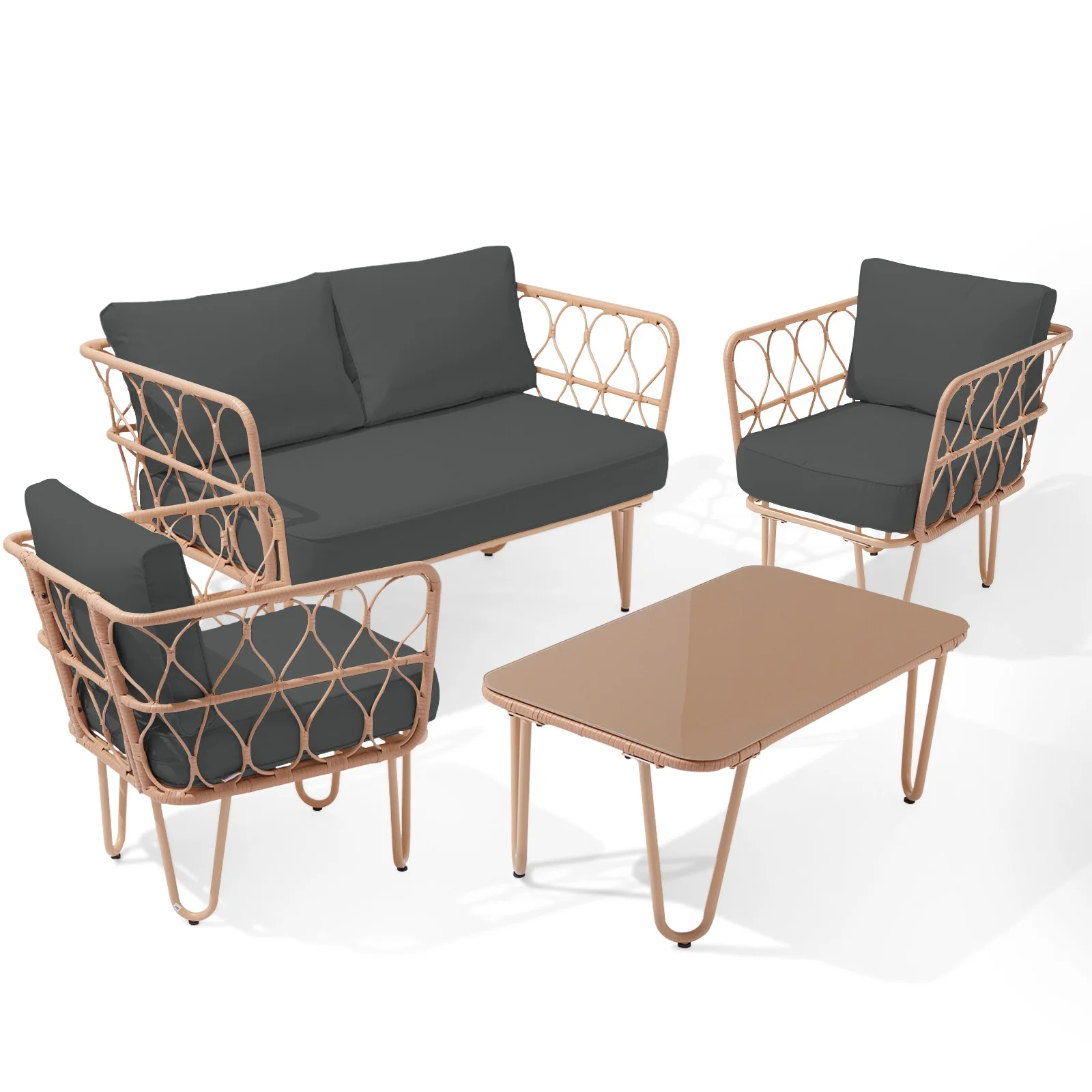 WangSiDun 4 Pieces Patio Furniture Set, Balcony Bistro Set Outdoor All Weather Rattan Conversation Set with Loveseat Chairs Table Cushions, Gray