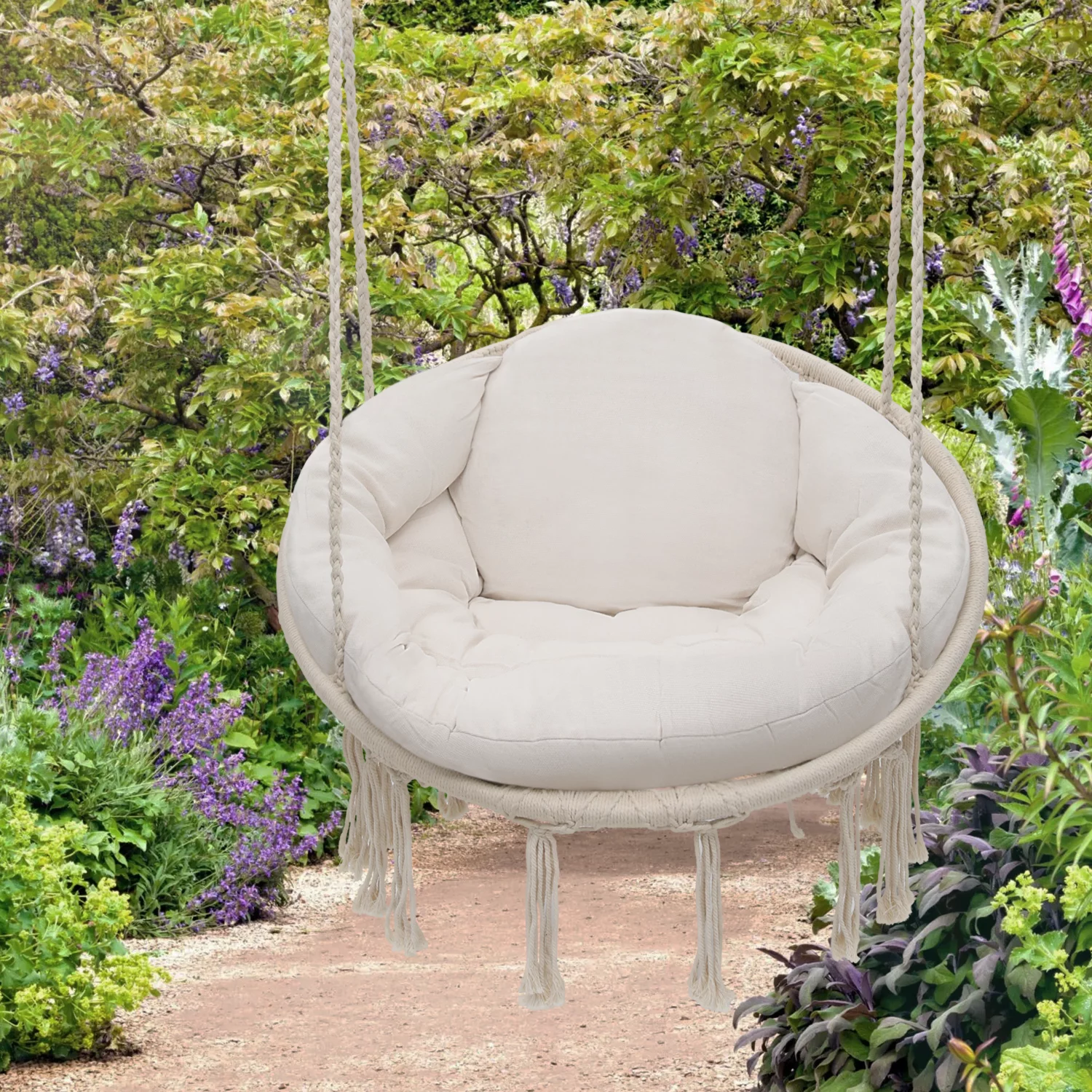 Magshion Hammock Chair Macrame Swing Chair with Cushion, 350lbs Weight Capacity, Hanging Chair Cotton Rope Hammock Chair Swing for Indoor and Outdoor Use, White