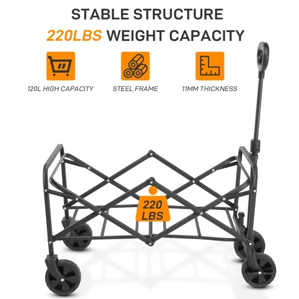 Al Fresco Folding Wagon Cart for Garden Camping Beach, Extra Large Capacity, Hold Up To 220lbs, All-Terrain Wheels, Blue