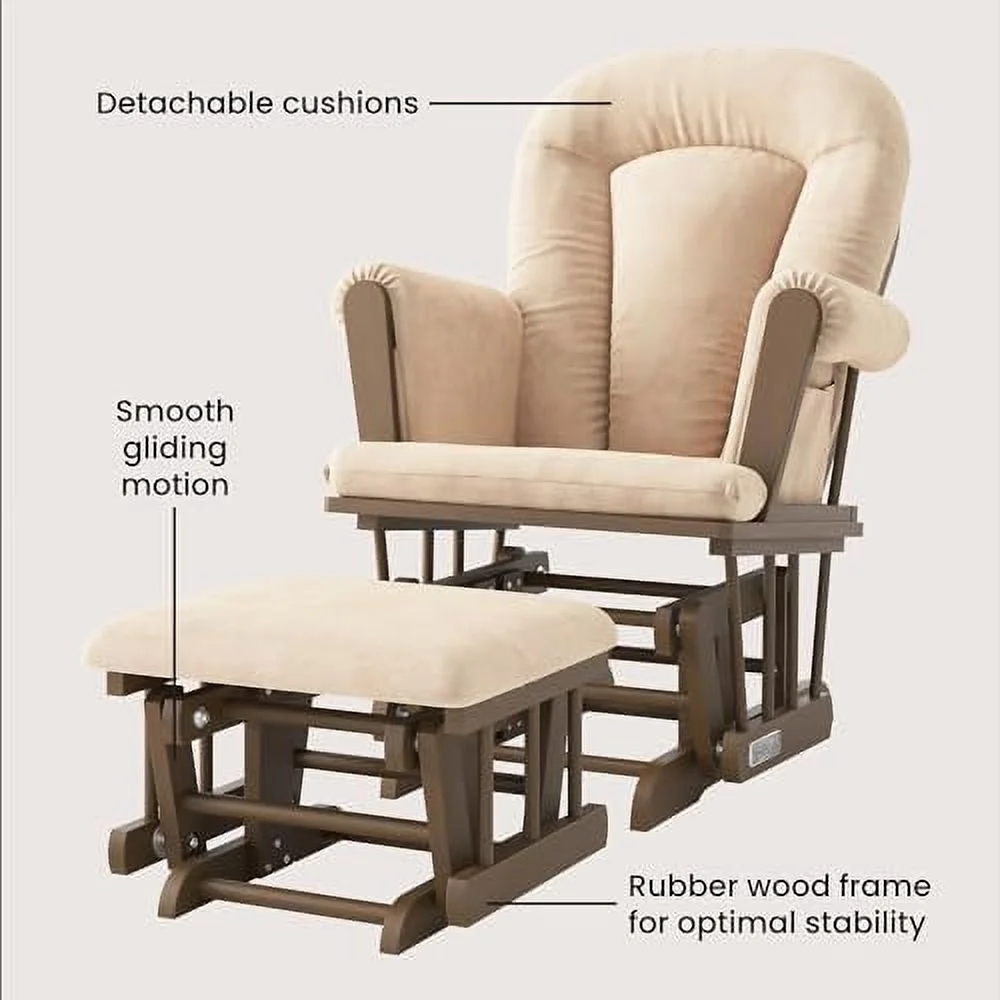 CGFHYP Cozy Glider Rocker and Ottoman Set  Padded Cushion with Convenient  Pockets  Solid Wood Base & Frame (Matte White with Gray Cushion)