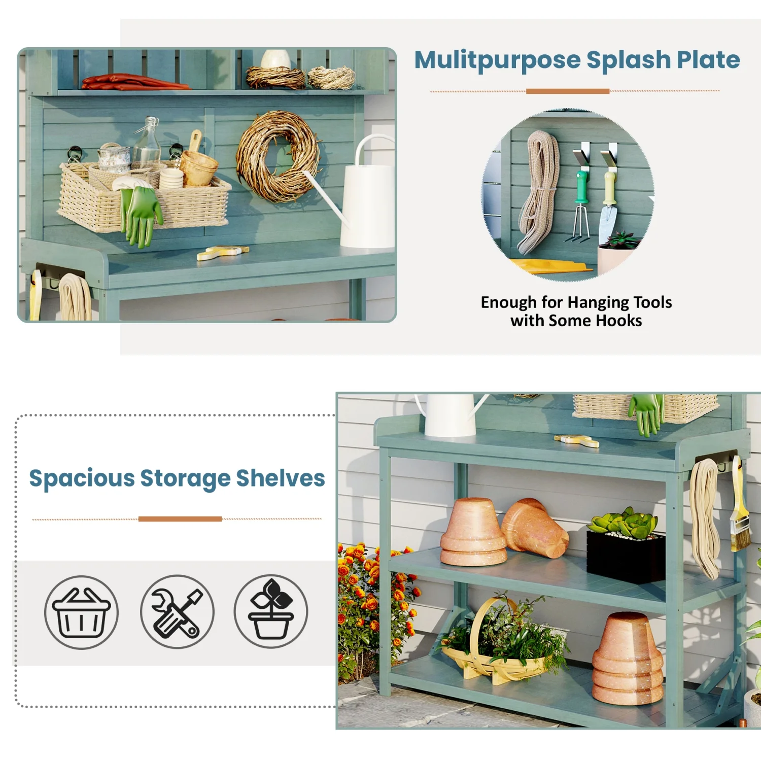 Large Green TOPMAX Rustic Outdoor Farmhouse Potting Bench Table with 4 Storage Shelves  65” Patio Workstation  and Side Hook - Perfect for Garden Enthusiasts