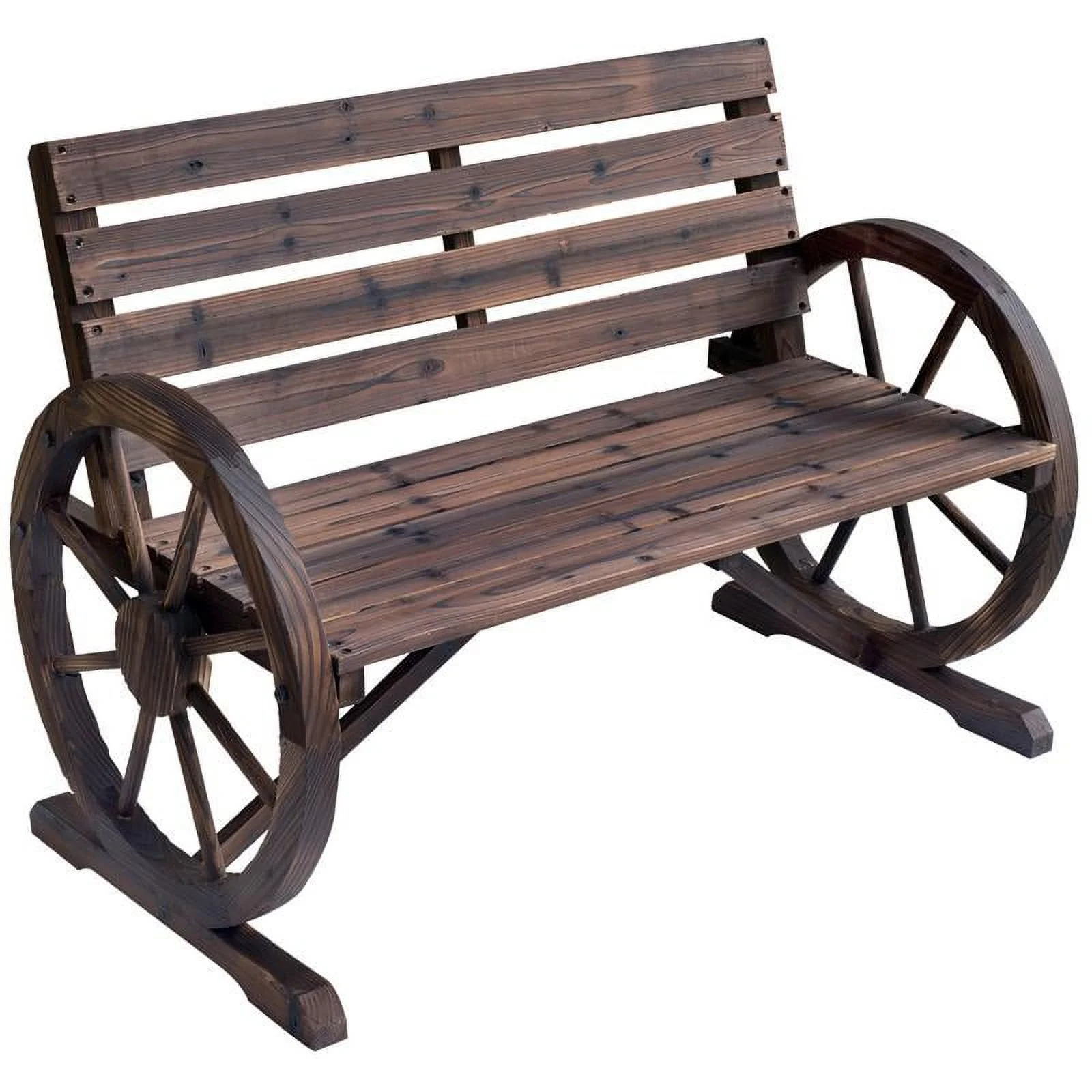 Outsunny Wooden Wagon Wheel Bench, Rustic Outdoor Patio Furniture, 2-Person Seat Bench with Backrest
