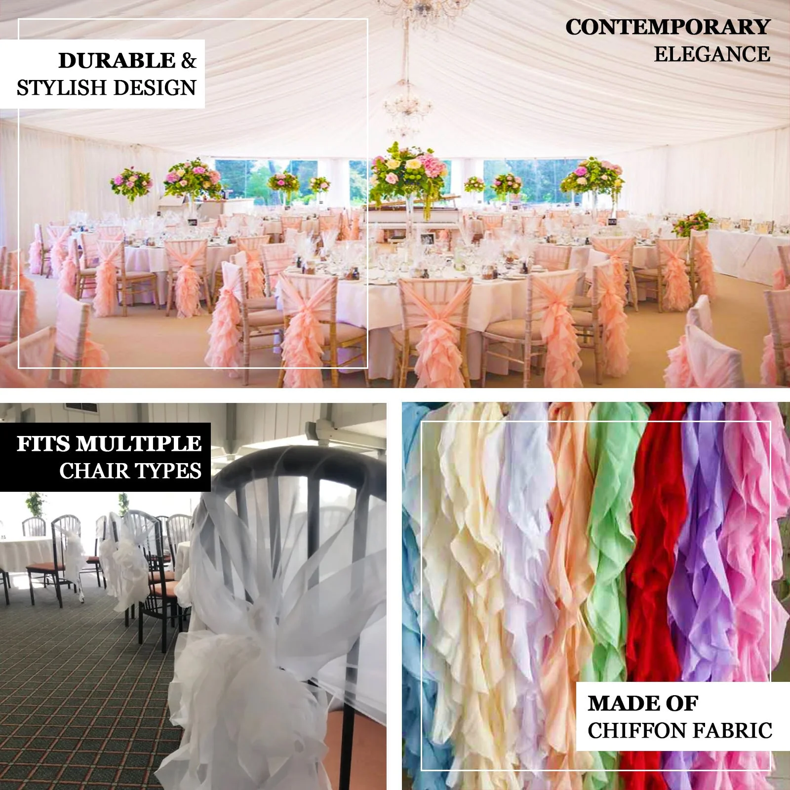 Efavormart 1 Set Black Premium Designer Curly Willow Chiffon Chair Sashes For Home Wedding Birthday Party Dance Banquet