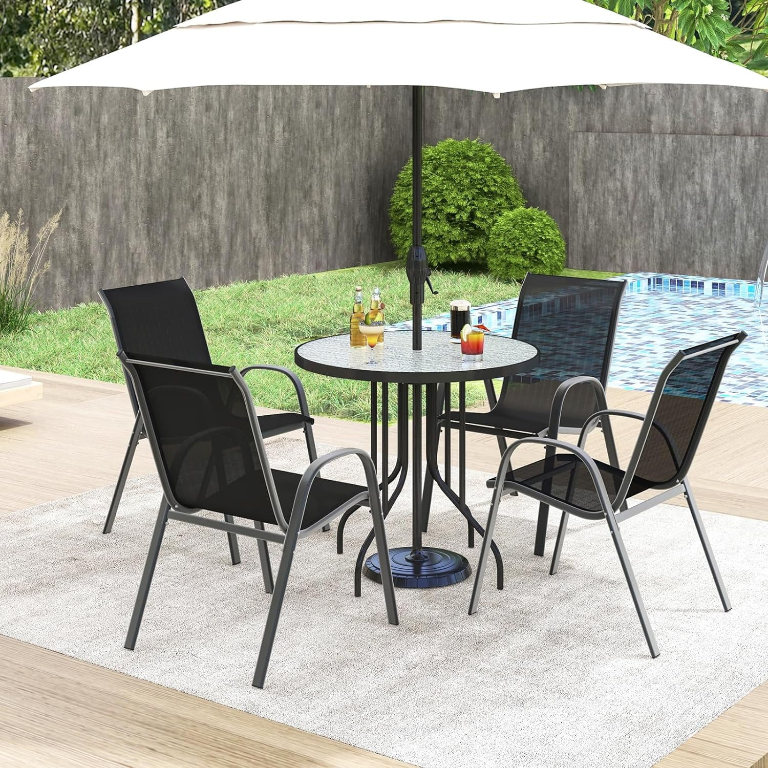 Outdoor Elegant Chairs Set of 4, Stackable Elegant Chairs Set with Armrests and Breathable Seat Fabric, Outdoor Dining Chairs for Elegant, Pool Side, Backyard