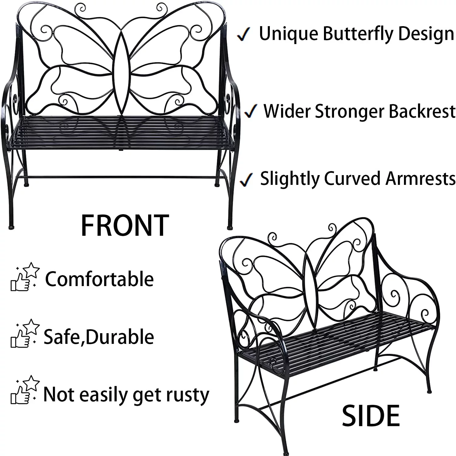 HLC Outdoor Bench Patio Outdoor Garden Bench Butterfly Cast Iron Metal with Armrests for Garden, Park,Yard, Patio, Porch, Lawn Double Seats Black