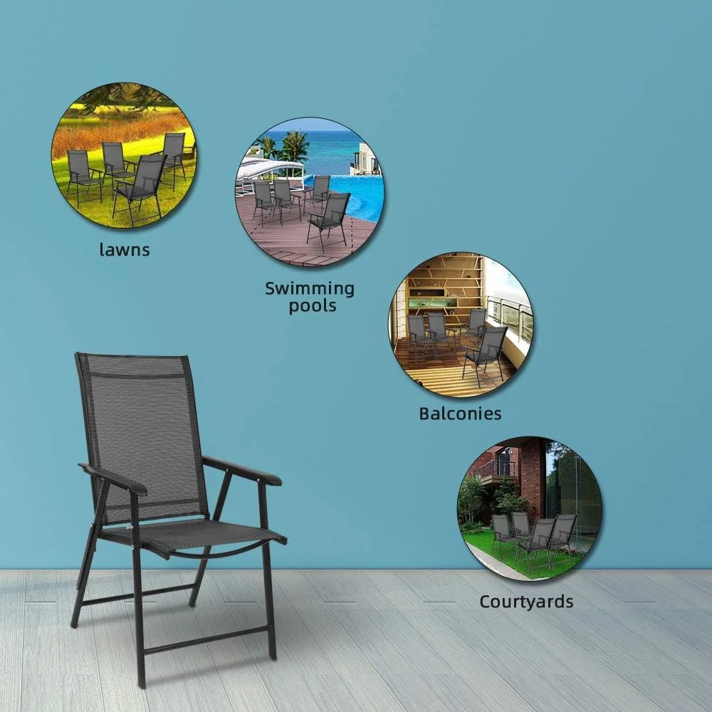 Upgraded Version Set of 4 Folding Chairs with Arms, Portable Patio Chairs for Outdoor & Indoor, Sling Back Chairs for Lawn, Pool, Courtyard, Balcony & Garden (Black)