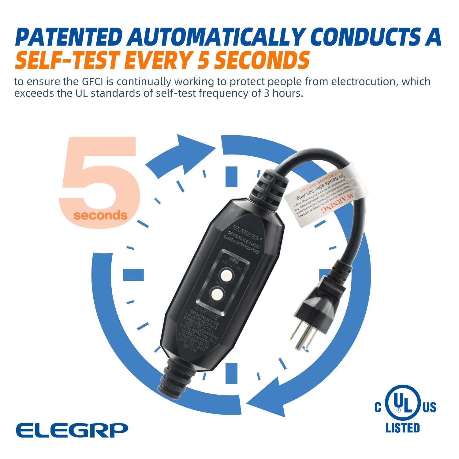 ELEGRP G1215CM G20CMR Patented Auto-Monitoring GFCI Replacement Plug Inline Assembly, Manual Reset 15 Amp Grounded 3 Wires 3-Prongs for Power Tools, Lawn Equipment etc, UL Listed, 1 Pack, Black