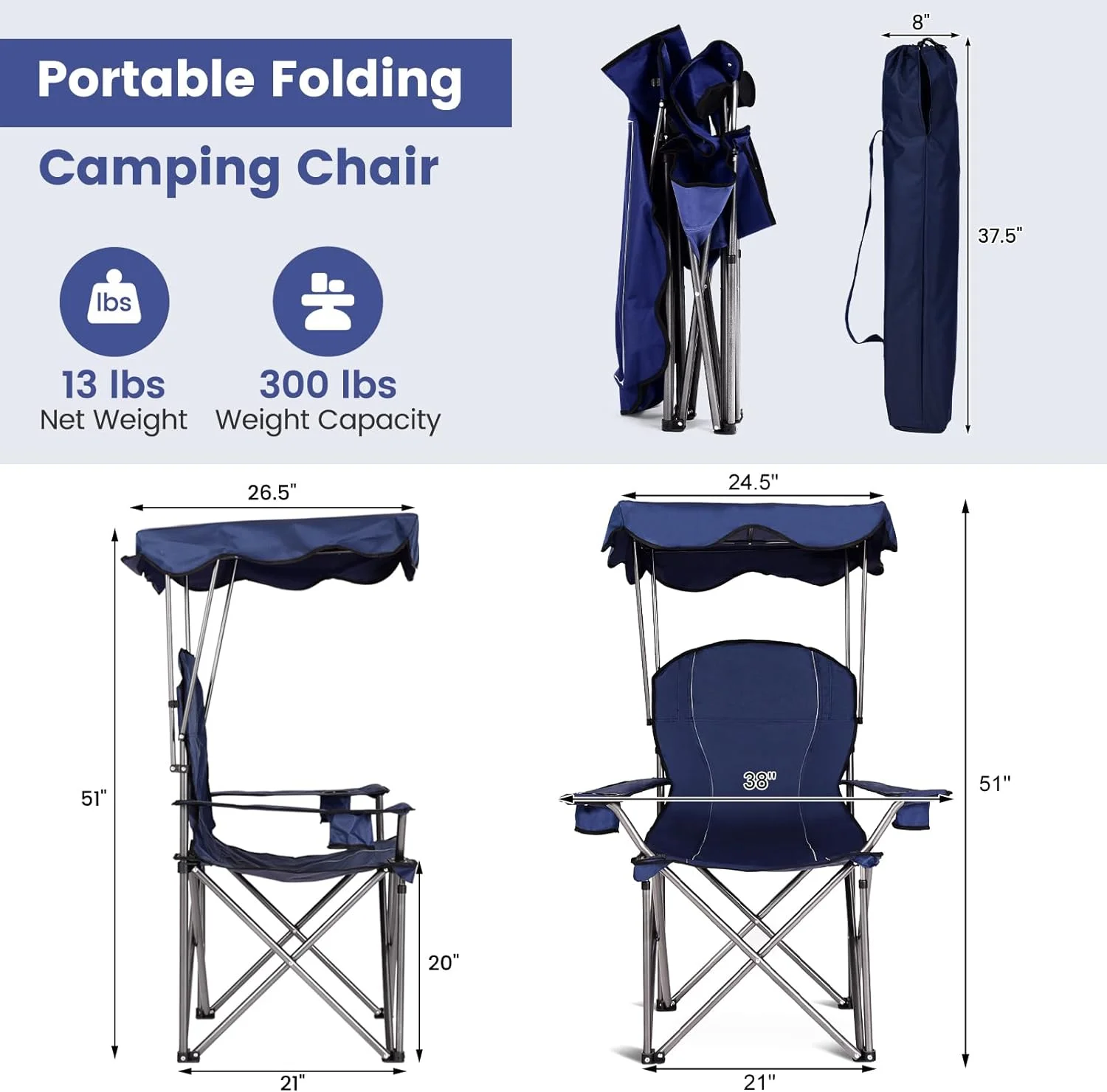 FETON Beach Chair with Canopy Shade, Folding Lawn Chair with Umbrella Cup Holder & Carry Bag, Portable Sunshade Chair for Adults for Outdoor Travel Hiking Fishing (Blue)