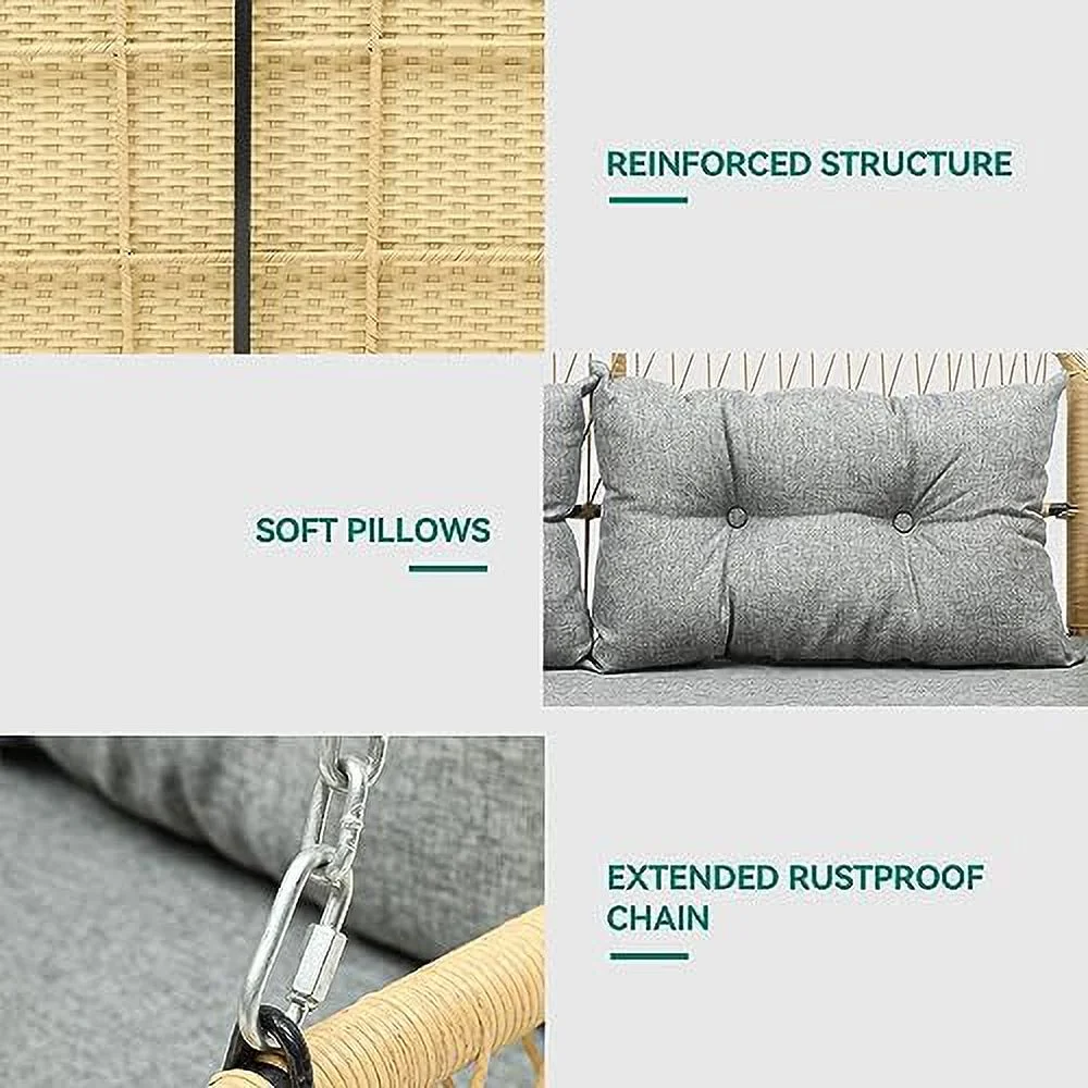 CHTYVC Wicker Hanging Porch Swing Chair Outdoor Brown Rattan Patio Swing Lounge w/ 2 Back Cushions Capacity 530lbs for Garden  Balcony  Living Room  Beige