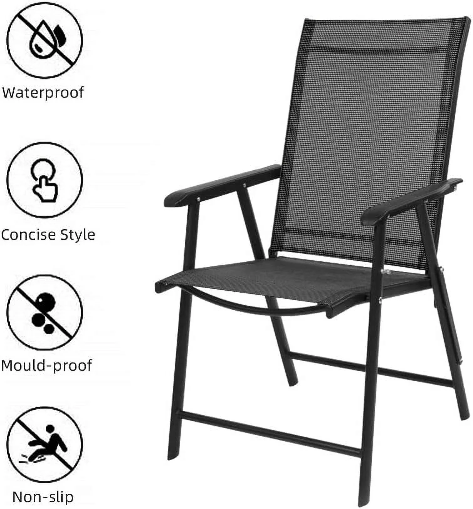 Upgraded Version Set of 4 Folding Chairs with Arms, Portable Patio Chairs for Outdoor & Indoor, Sling Back Chairs for Lawn, Pool, Courtyard, Balcony & Garden (Black)