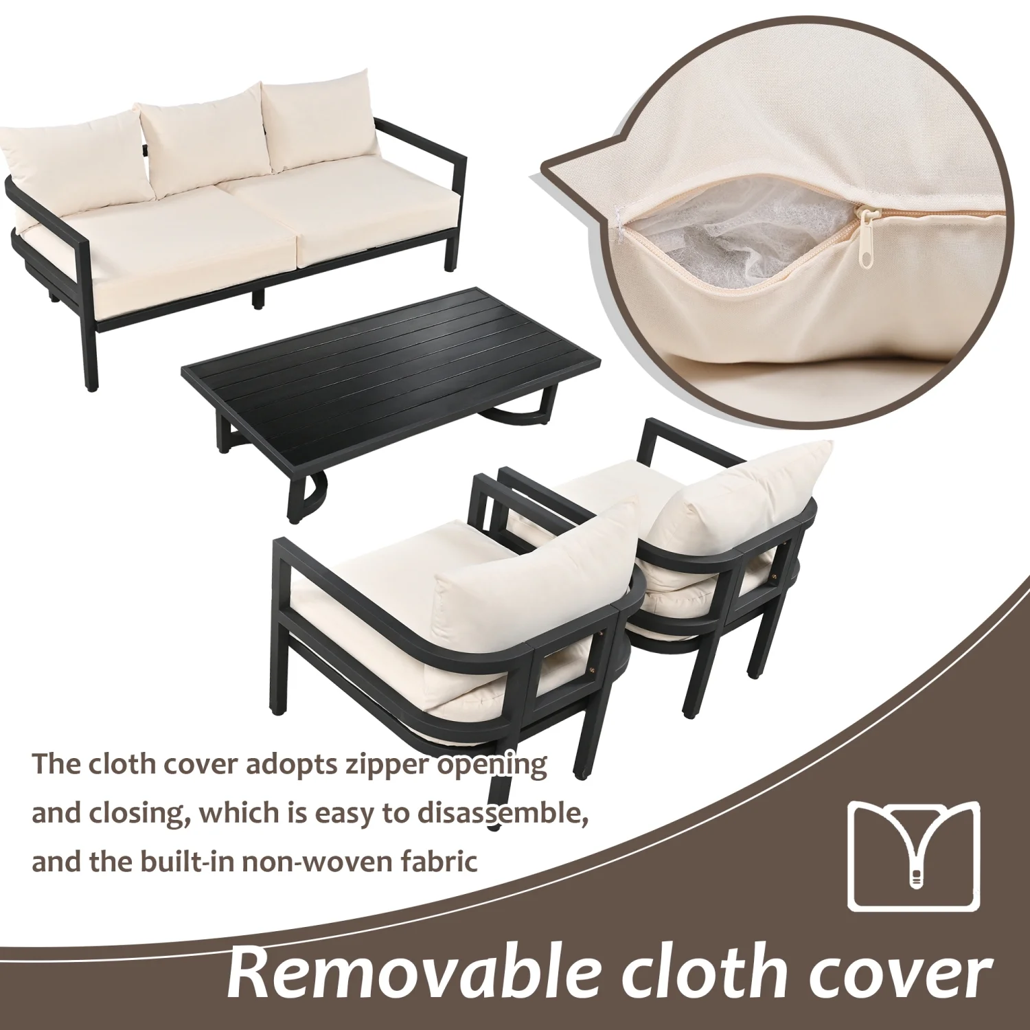 Churanty Metal Patio Conversation Set for 5 with cushions, All Weather Outdoor Steel Sofa Set with 3 Seat Sofa and 2 Chairs for Gardens and Lawn,Beige