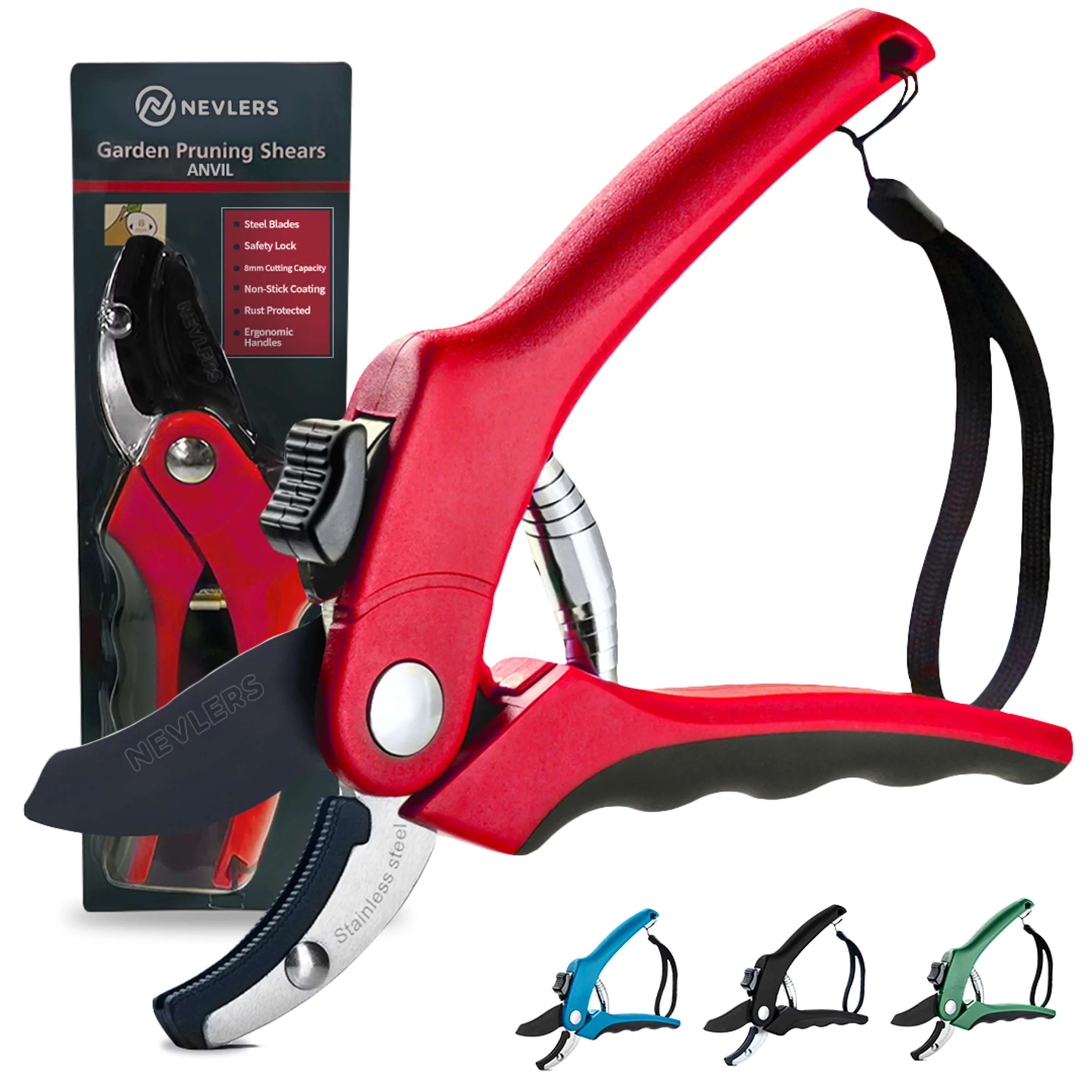 Nevlers 8 in. Red Heavy Duty Anvil Garden Pruning Shears
