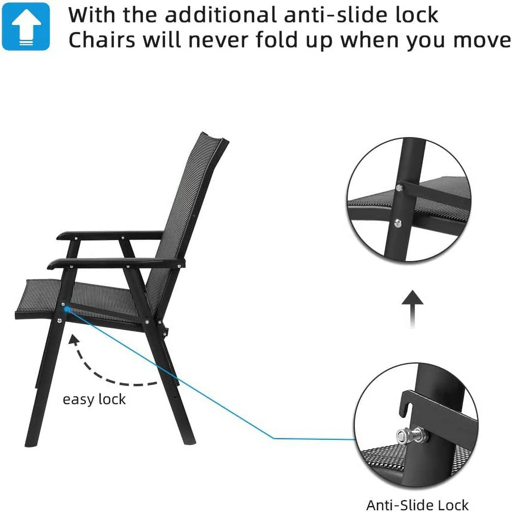 Upgraded Version Set of 4 Folding Chairs with Arms, Portable Patio Chairs for Outdoor & Indoor, Sling Back Chairs for Lawn, Pool, Courtyard, Balcony & Garden (Black)