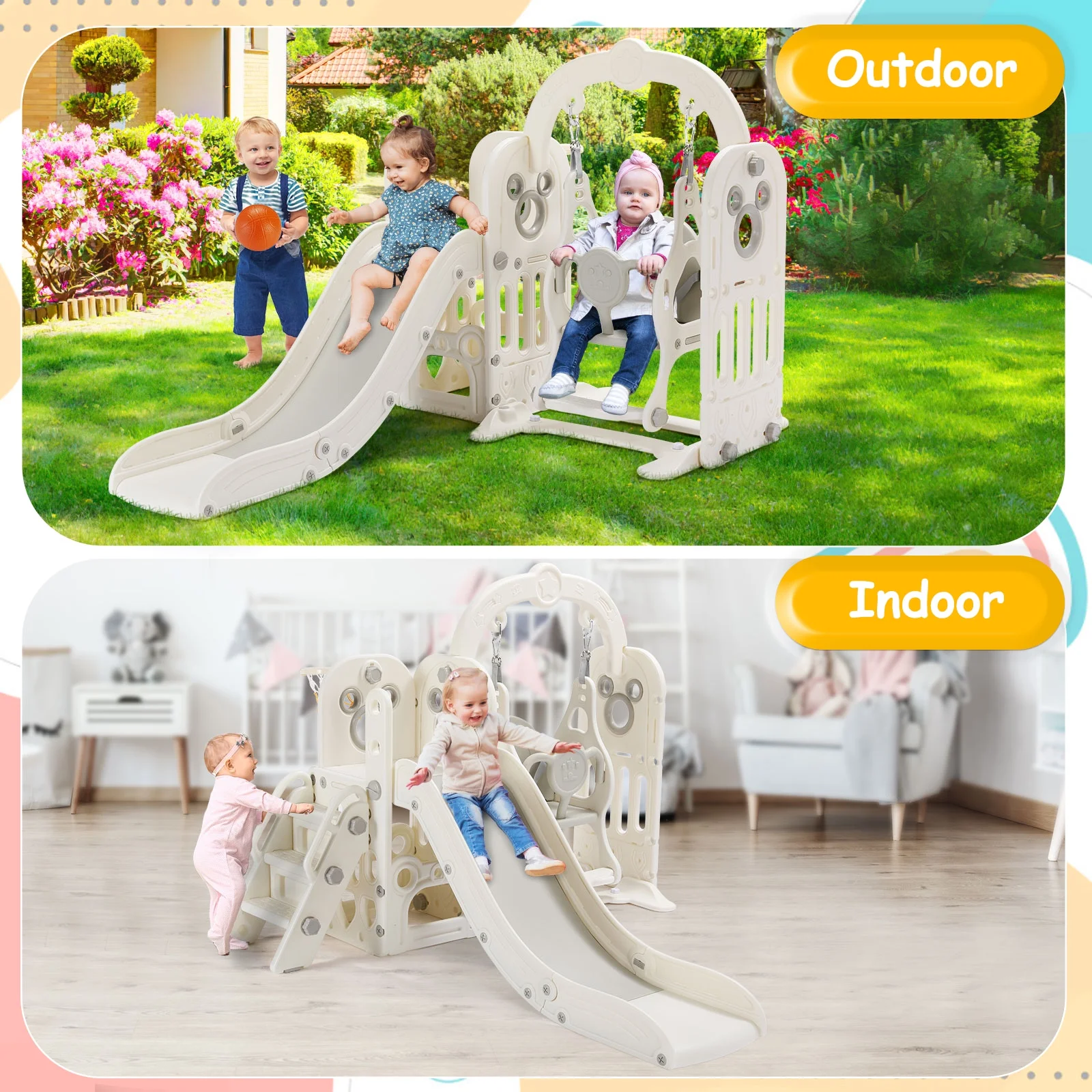 Pirecart 5 in 1 Toddler Slide and Swing Set, Large Toddler Slide Climber Playset with Basketball Hoop