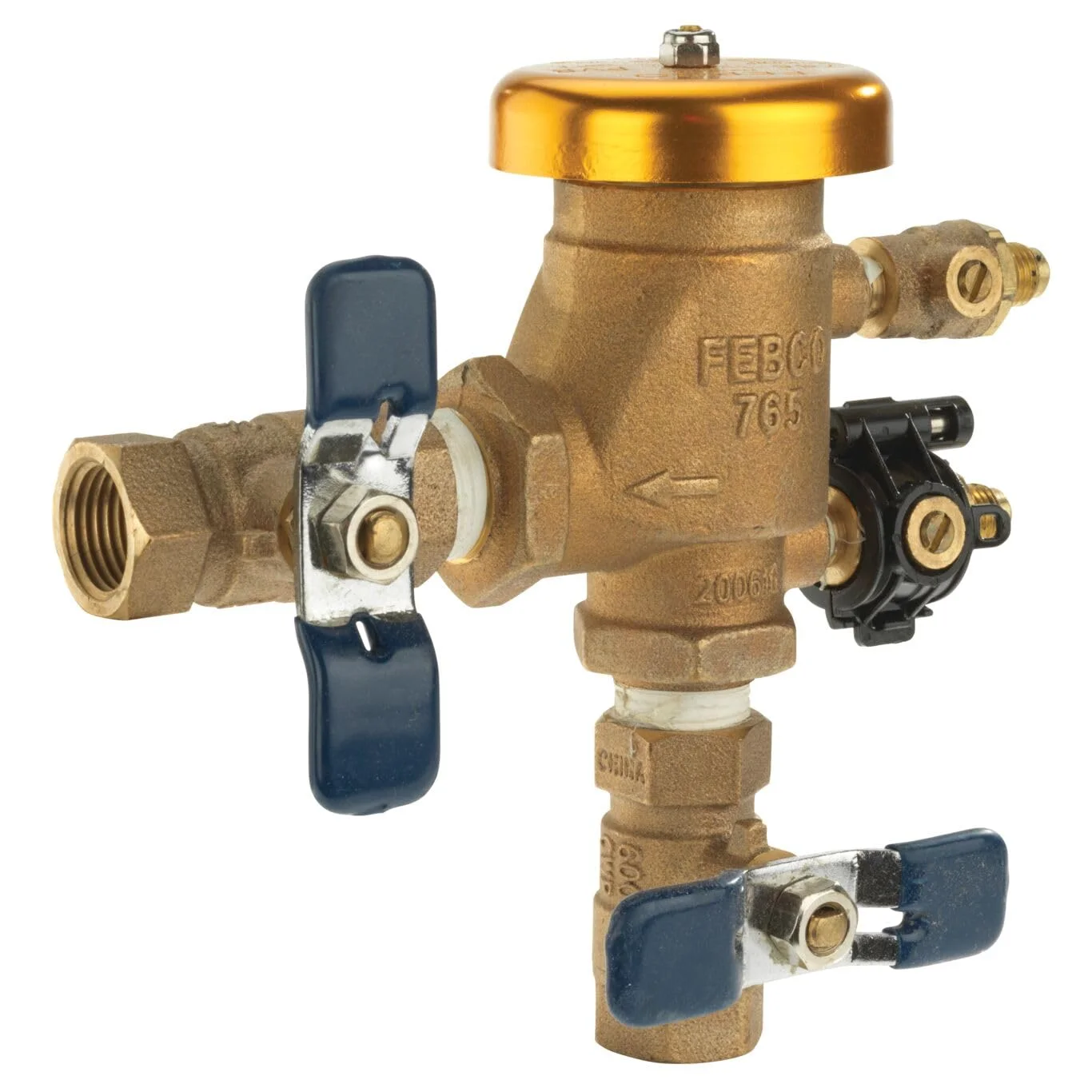 Febco 765 3/4 Inch Bronze Pressure Vacuum Breaker Backflow Preventer with Quarter Turn Shutoffs and Union Connections and Freeze Sensor - T765DUB