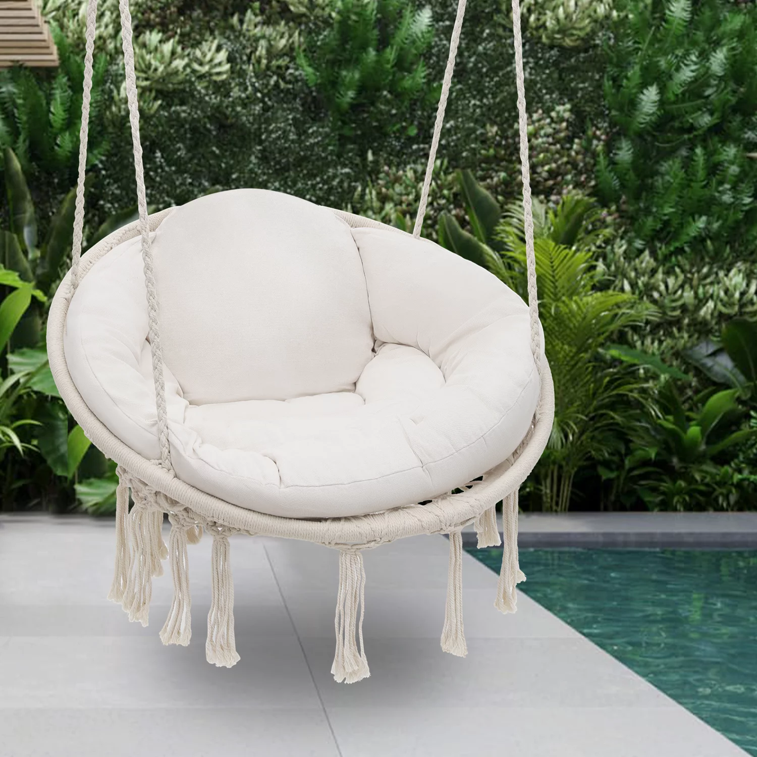 Magshion Hammock Chair Macrame Swing Chair with Cushion, 350lbs Weight Capacity, Hanging Chair Cotton Rope Hammock Chair Swing for Indoor and Outdoor Use, White