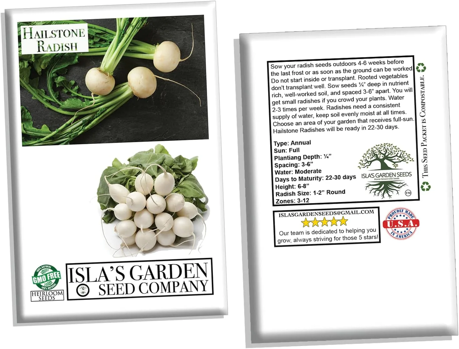 Hailstone Radish Seeds, 250+ Heirloom Seeds, Fantastic Addition to Your Home Garden! Pure White, Firm and Crisp! Non GMO, 90% Germination Rates, Seeds