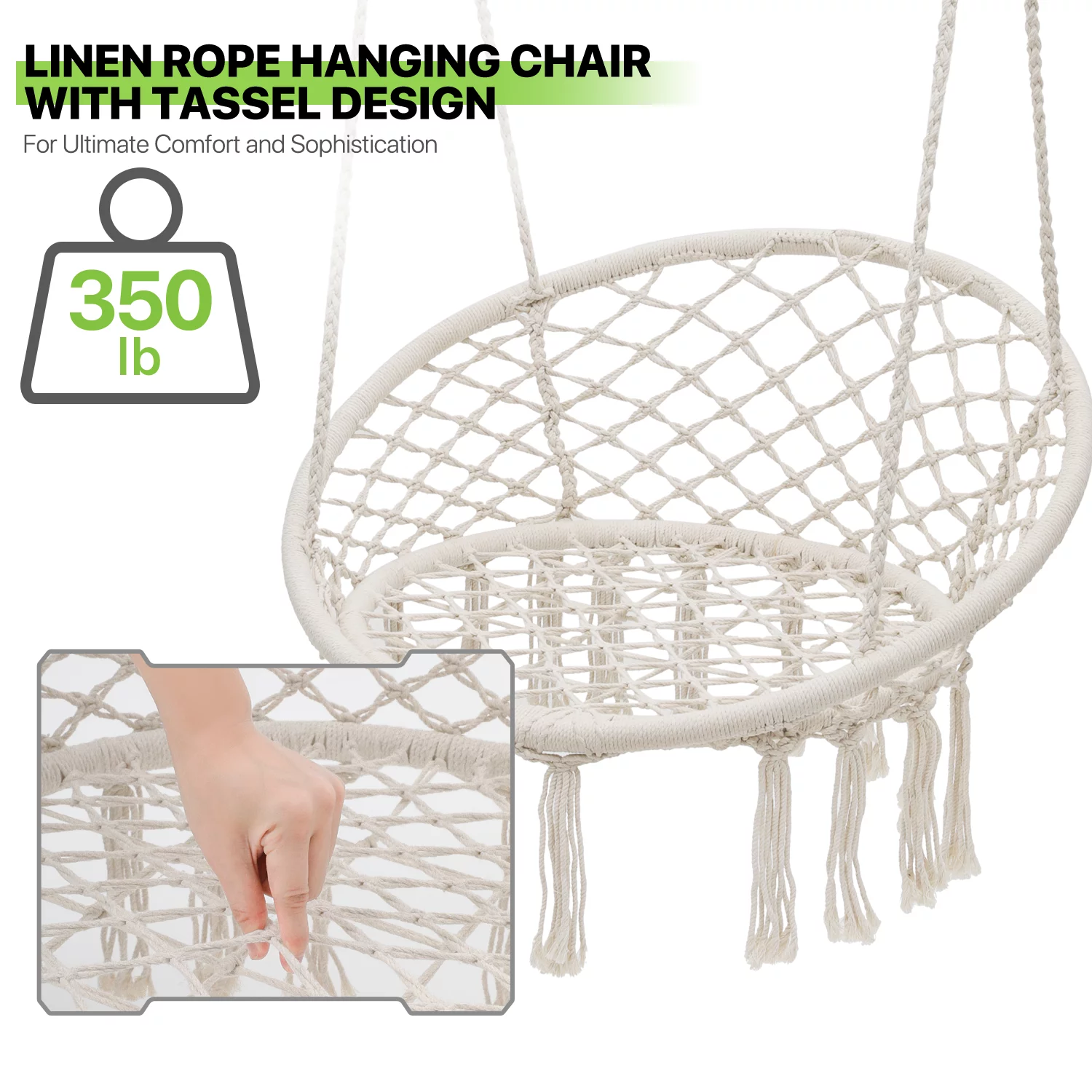 Magshion Hammock Chair Macrame Swing Chair with Cushion, 350lbs Weight Capacity, Hanging Chair Cotton Rope Hammock Chair Swing for Indoor and Outdoor Use, White
