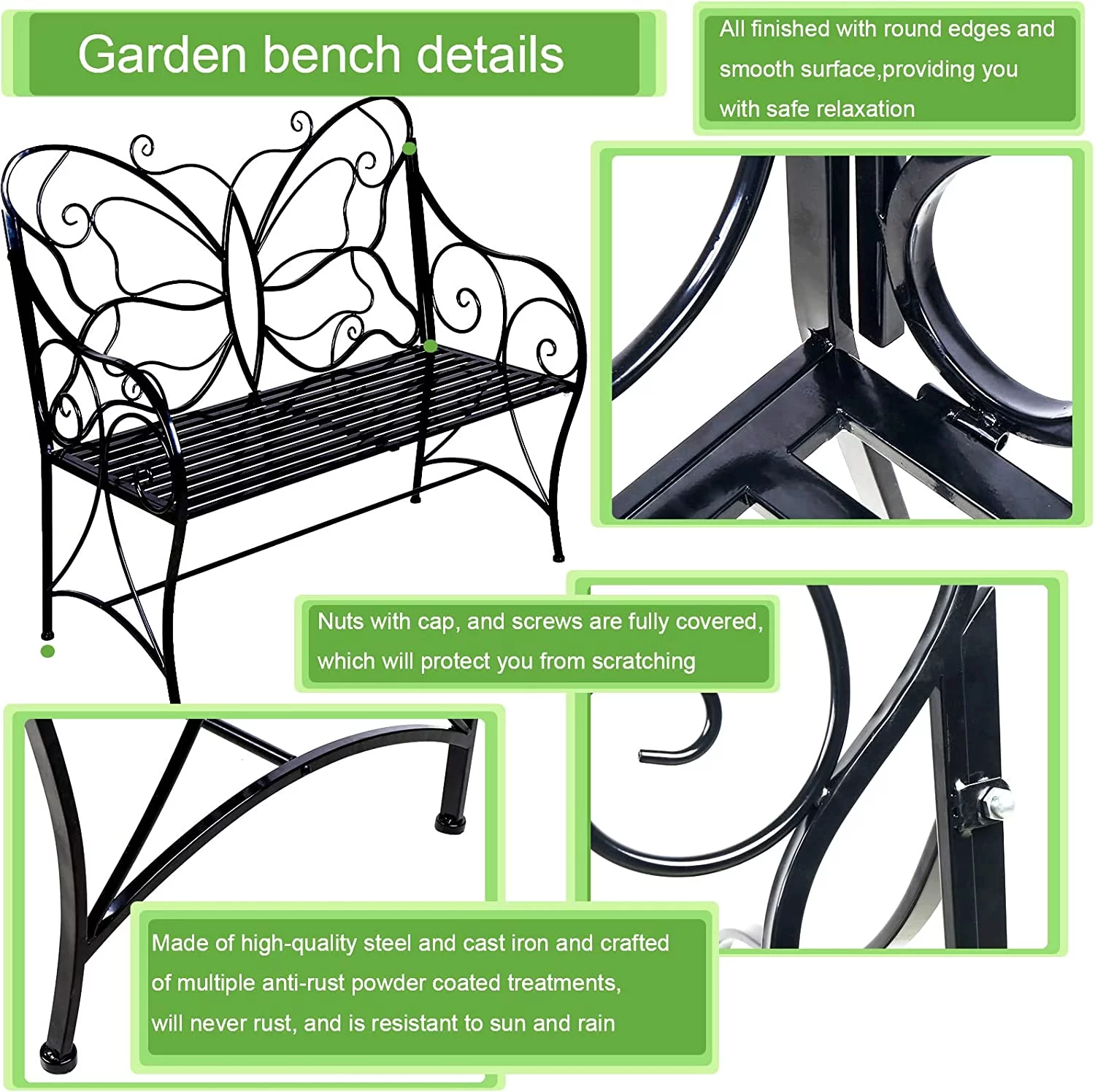 HLC Outdoor Bench Patio Outdoor Garden Bench Butterfly Cast Iron Metal with Armrests for Garden, Park,Yard, Patio, Porch, Lawn Double Seats Black