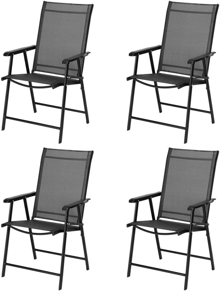 Upgraded Version Set of 4 Folding Chairs with Arms, Portable Patio Chairs for Outdoor & Indoor, Sling Back Chairs for Lawn, Pool, Courtyard, Balcony & Garden (Black)