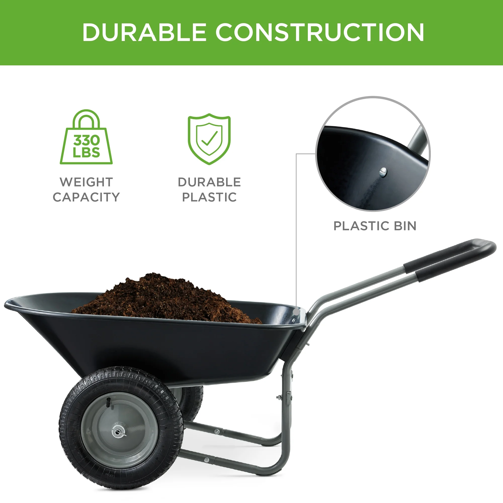 Best Choice Products Dual-Wheel Home Wheelbarrow Yard Garden Cart for Lawn, Construction - Black