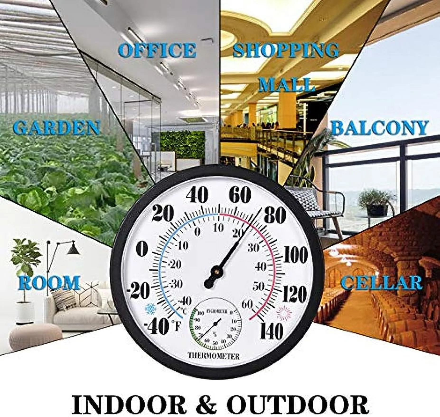 Indoor Outdoor Thermometer Large Numbers Wall Thermometer Hygrometer Waterproof Does not Require Battery 10 inch Wireless Hanging Hygrometer Garden Decoration (Black)
