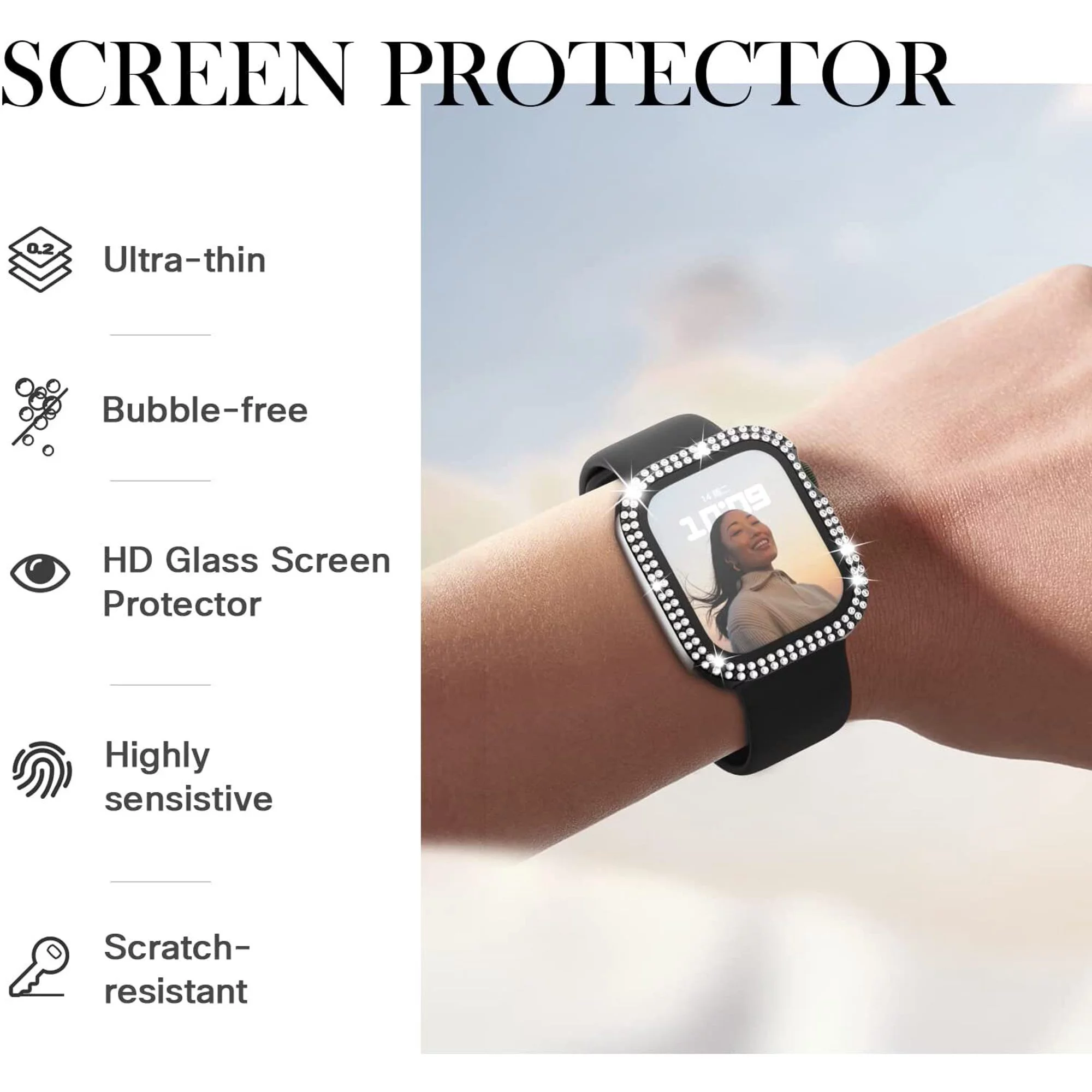 Apple Watch Case Series 8, Series 7 for 45mm Diamond Glitter Watch Case Built-in Tempered Glass Screen Protector, Guard Bumper Full Coverage Cover for Apple Watch Series 8 and Series 7, Black 45mm