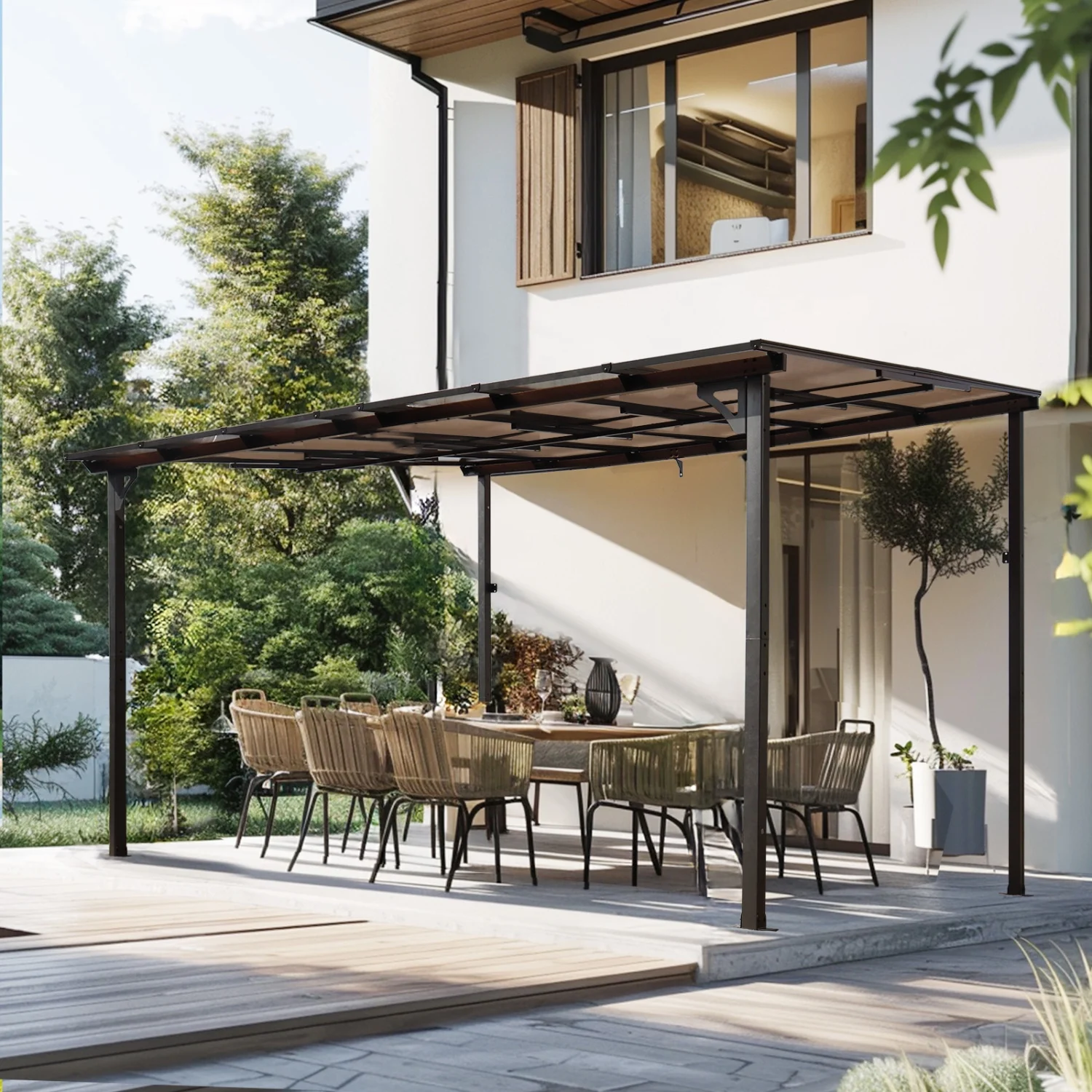 Large Heavy Duty Wall-Mounted Lean to Metal Awning Gazebo with Roof for Patio Decks Backyard - 10‘ x 12‘ Outdoor Pergola Gazebo