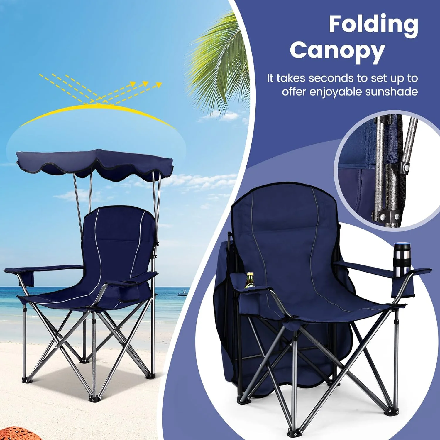 FETON Beach Chair with Canopy Shade, Folding Lawn Chair with Umbrella Cup Holder & Carry Bag, Portable Sunshade Chair for Adults for Outdoor Travel Hiking Fishing (Blue)