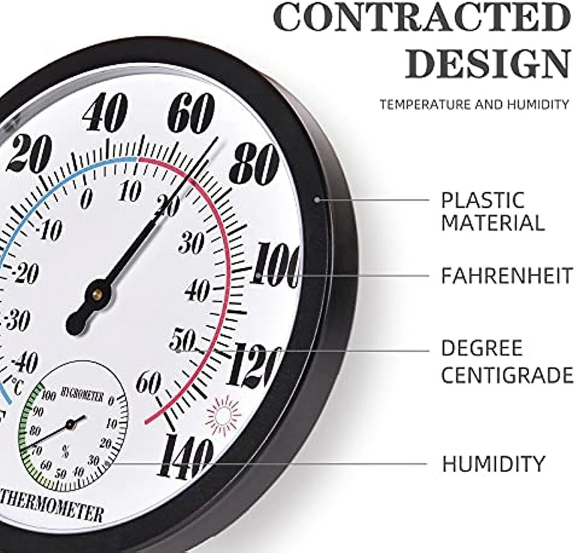 Indoor Outdoor Thermometer Large Numbers Wall Thermometer Hygrometer Waterproof Does not Require Battery 10 inch Wireless Hanging Hygrometer Garden Decoration (Black)