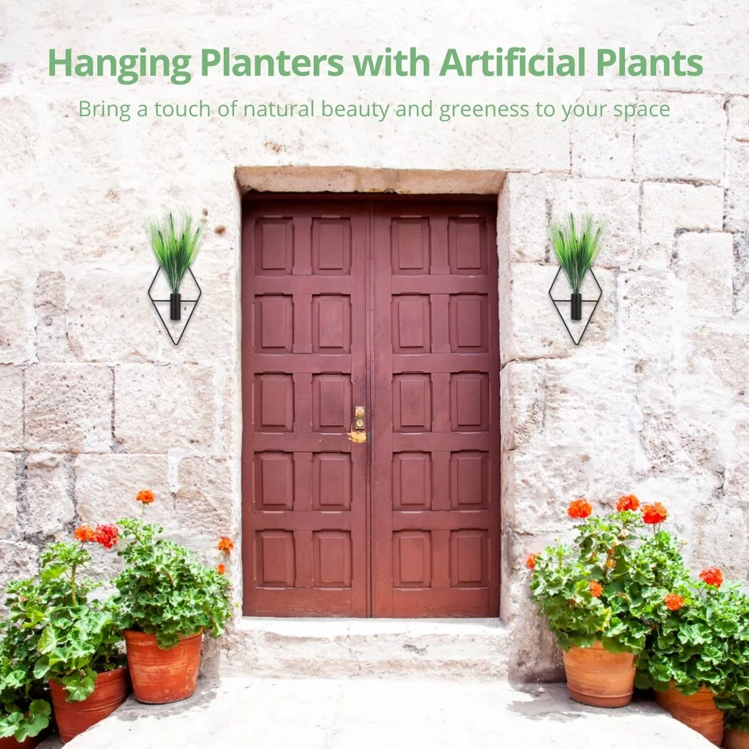 2 PCS Hanging Planters with Artificial Aquatic Plants, Diamond Shaped Hanging Planters, Metal Hanging Plant Holders, Modern Geometric Wall Decor for Home Living Room Office