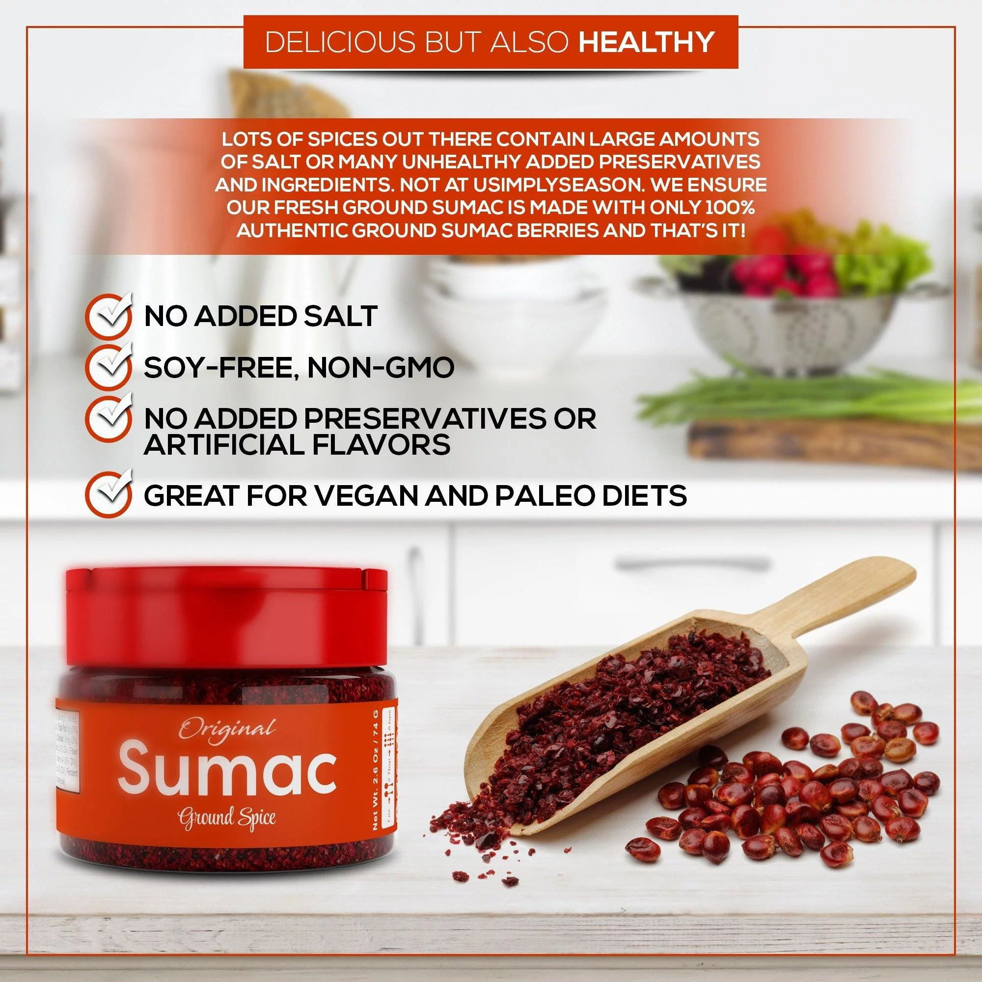 USimplySeason Original Sumac Spice - Lemony Tart Middle Eastern Berry Powder, 5oz
