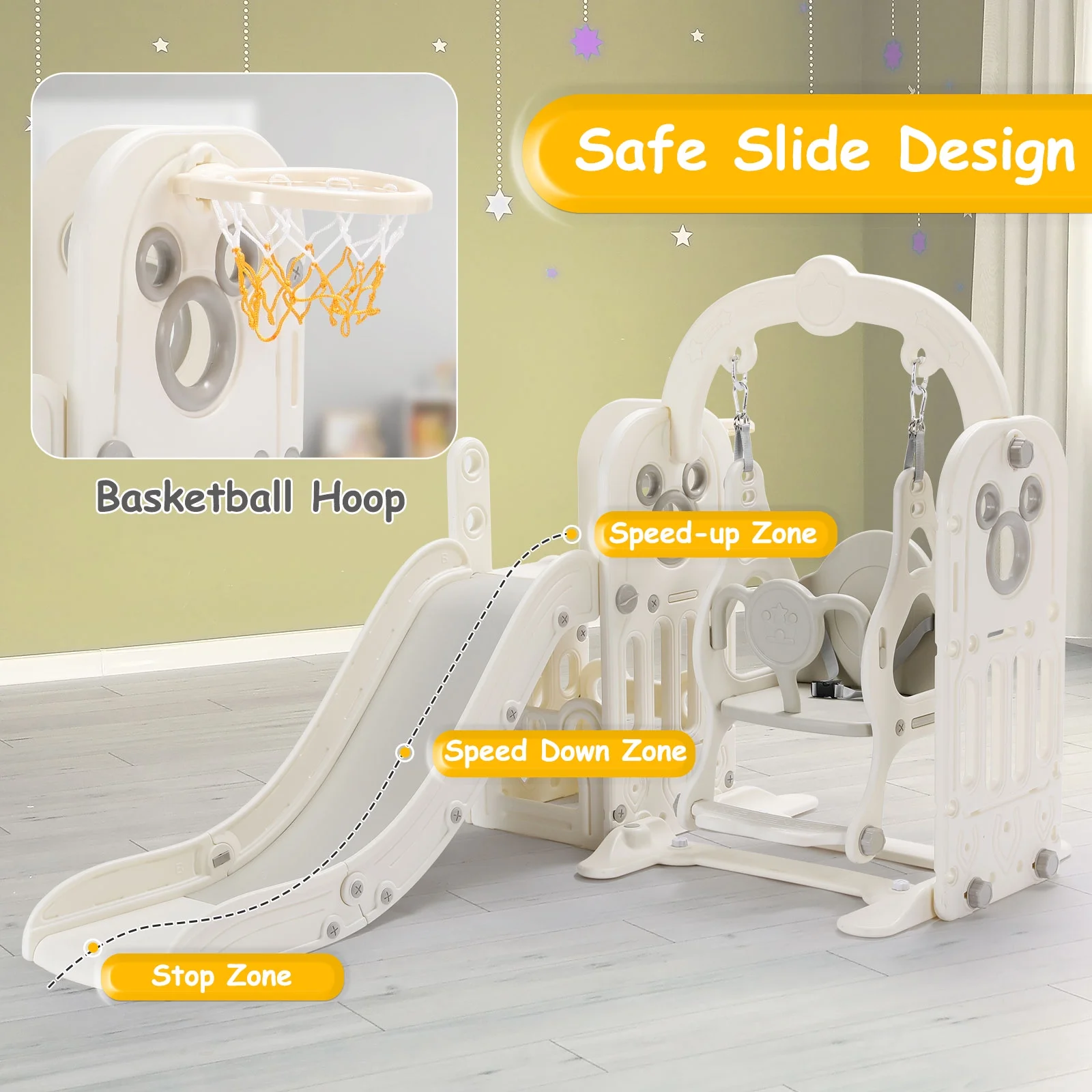 Pirecart 5 in 1 Toddler Slide and Swing Set, Large Toddler Slide Climber Playset with Basketball Hoop