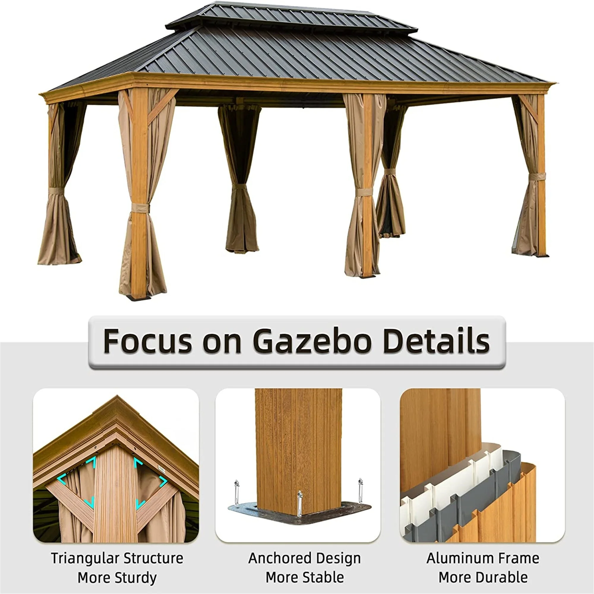 12' x 20' Metal Gazebo with Curtains and Netting, Galvanized Steel Double Canopy Pergola for Backyard, Patio, Yellow Brown