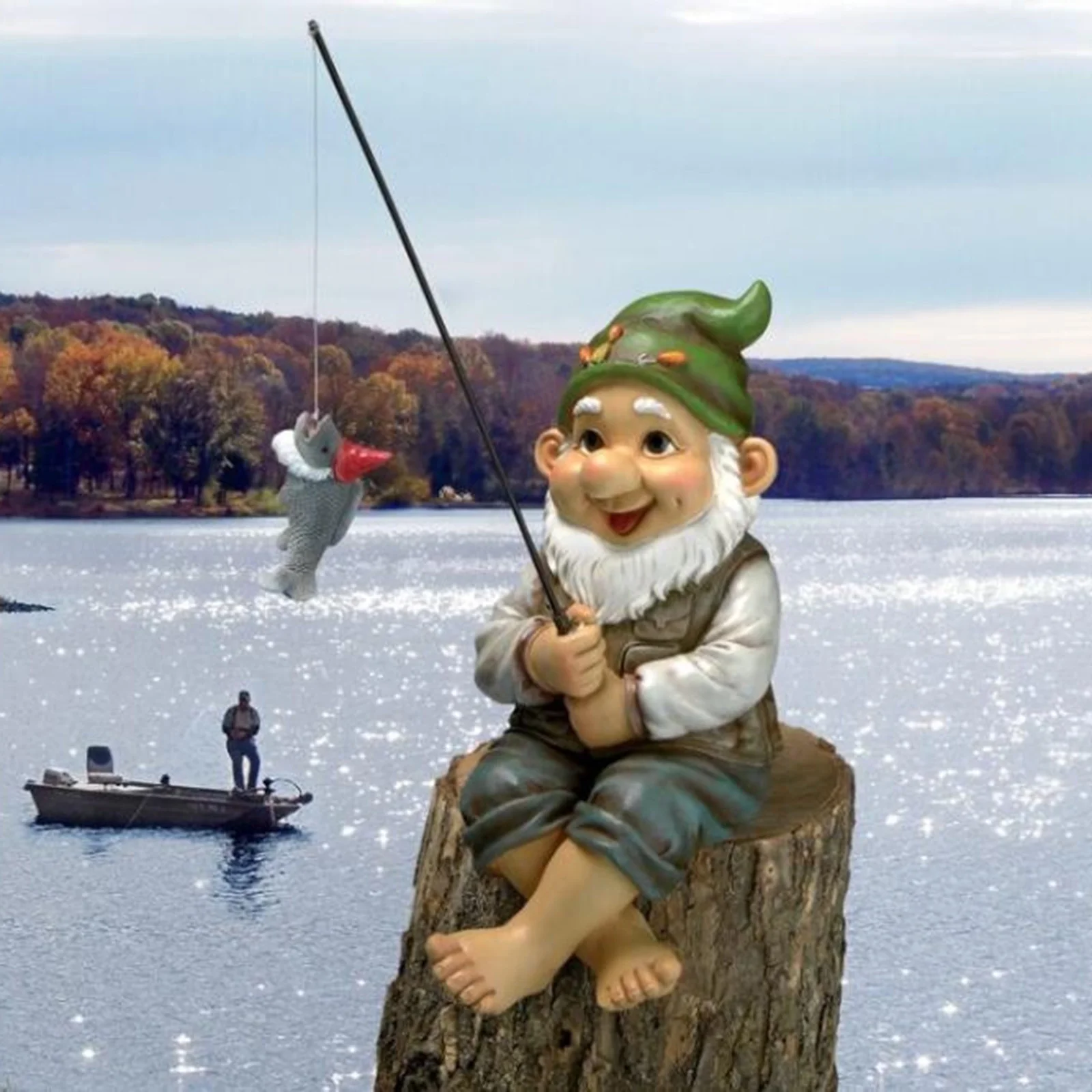 Egmy Fishing Gnome Sitter Garden Gnome Statue, Resin Patio Outdoor Decor, 14*10cm, 5.6*4in
